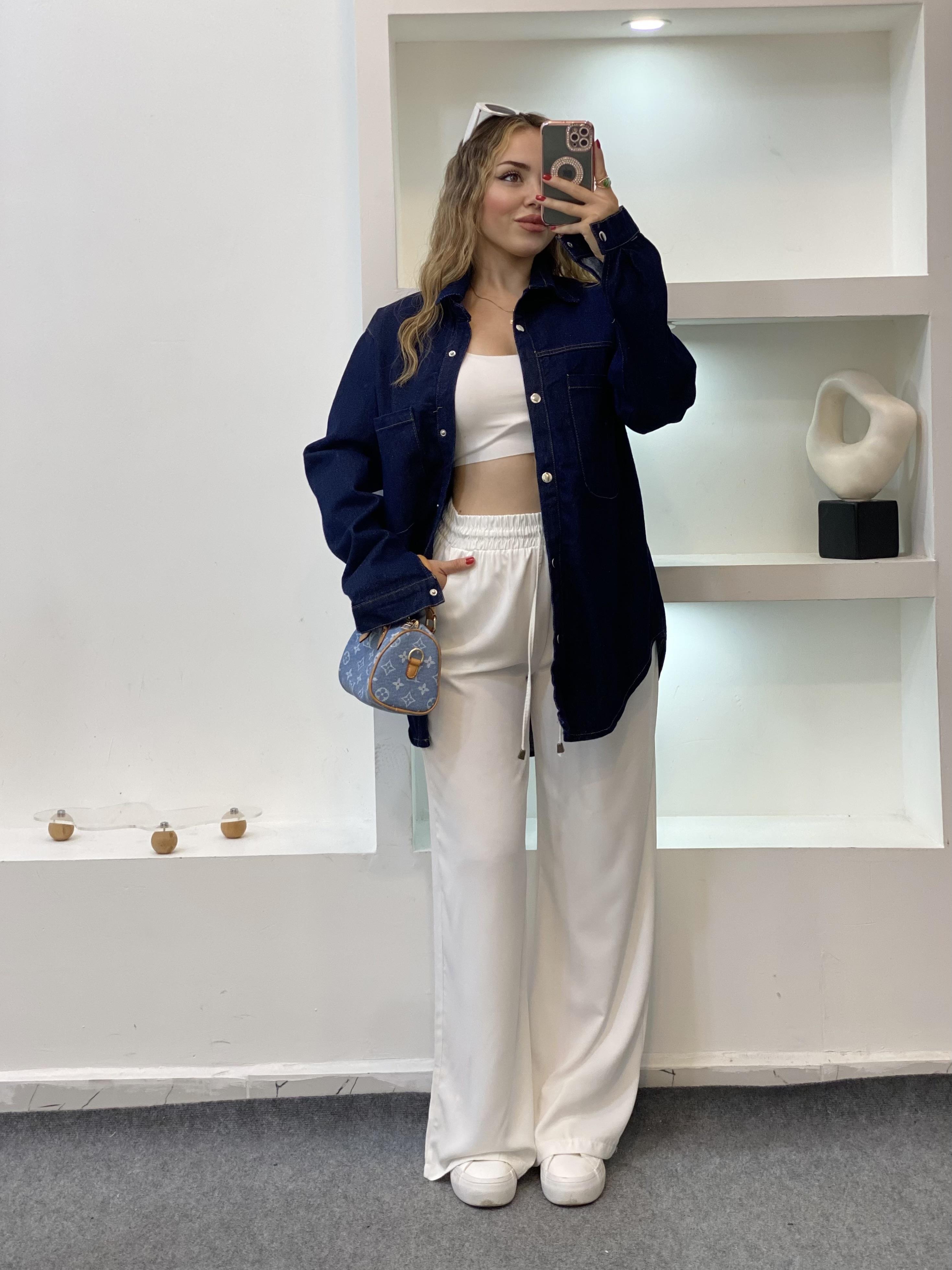Lacivert Önü Cepli Model Kot Ceket 