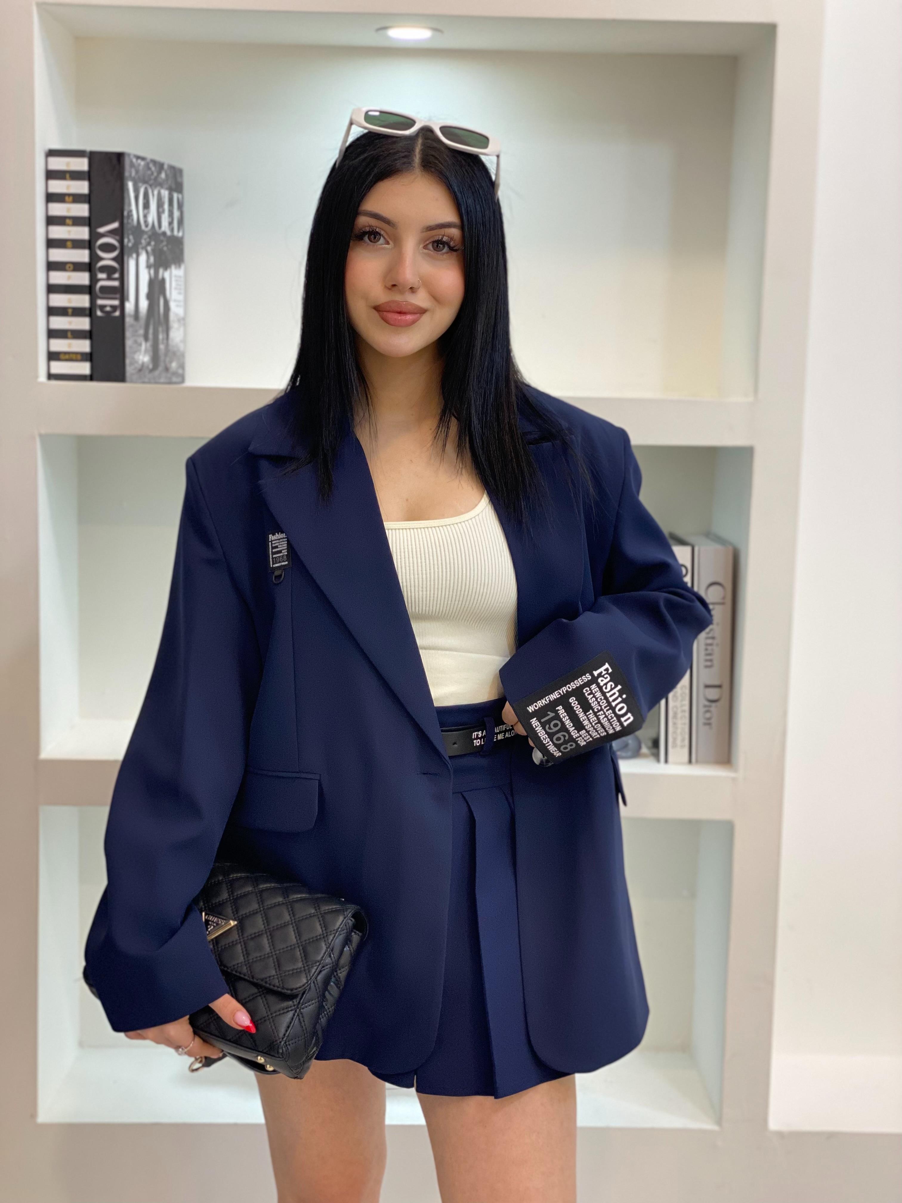 Lacivert Oversize Kolu Yazılı Spor Blazer Ceket
