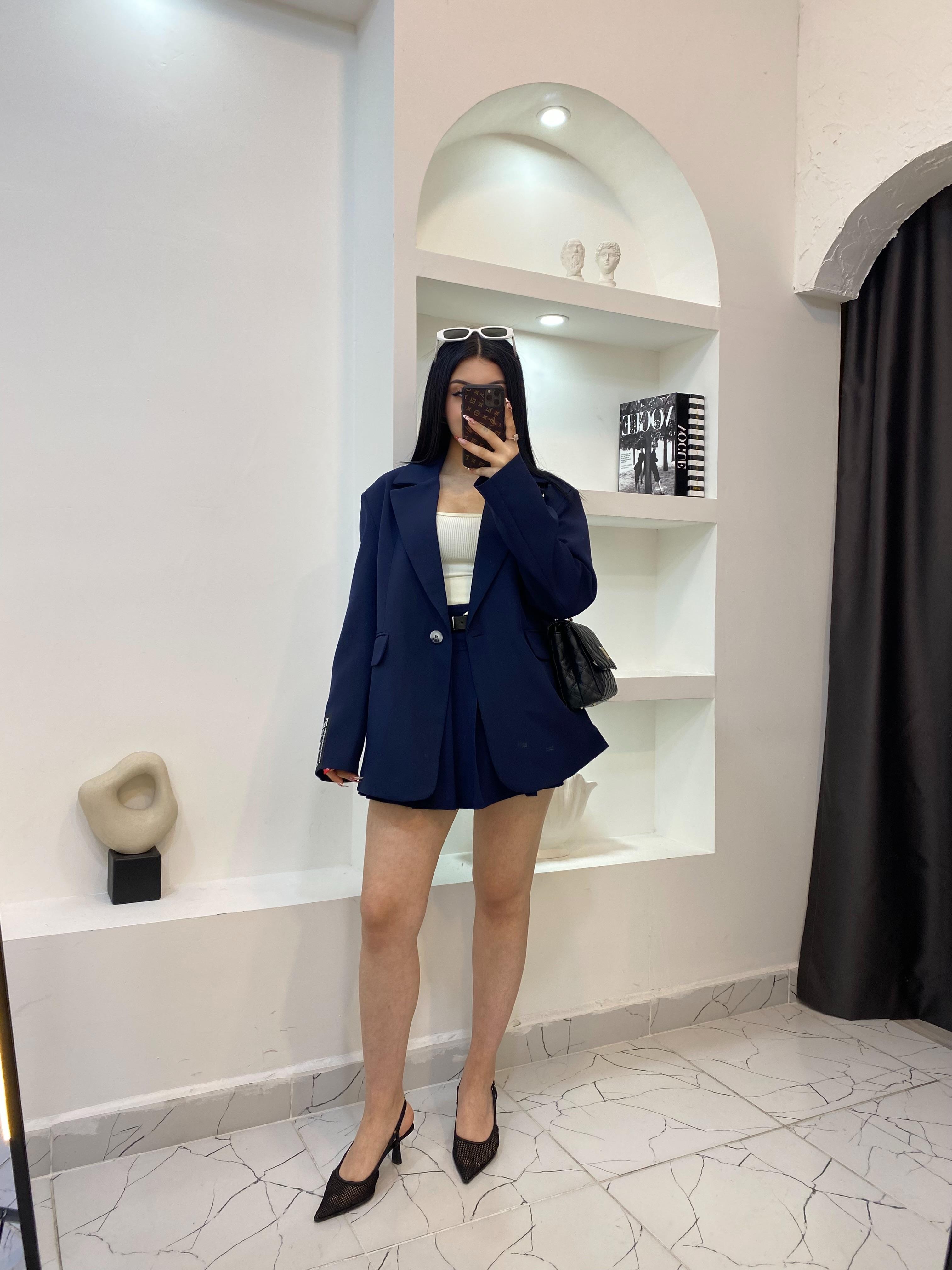 Lacivert Oversize Kolu Yazılı Spor Blazer Ceket