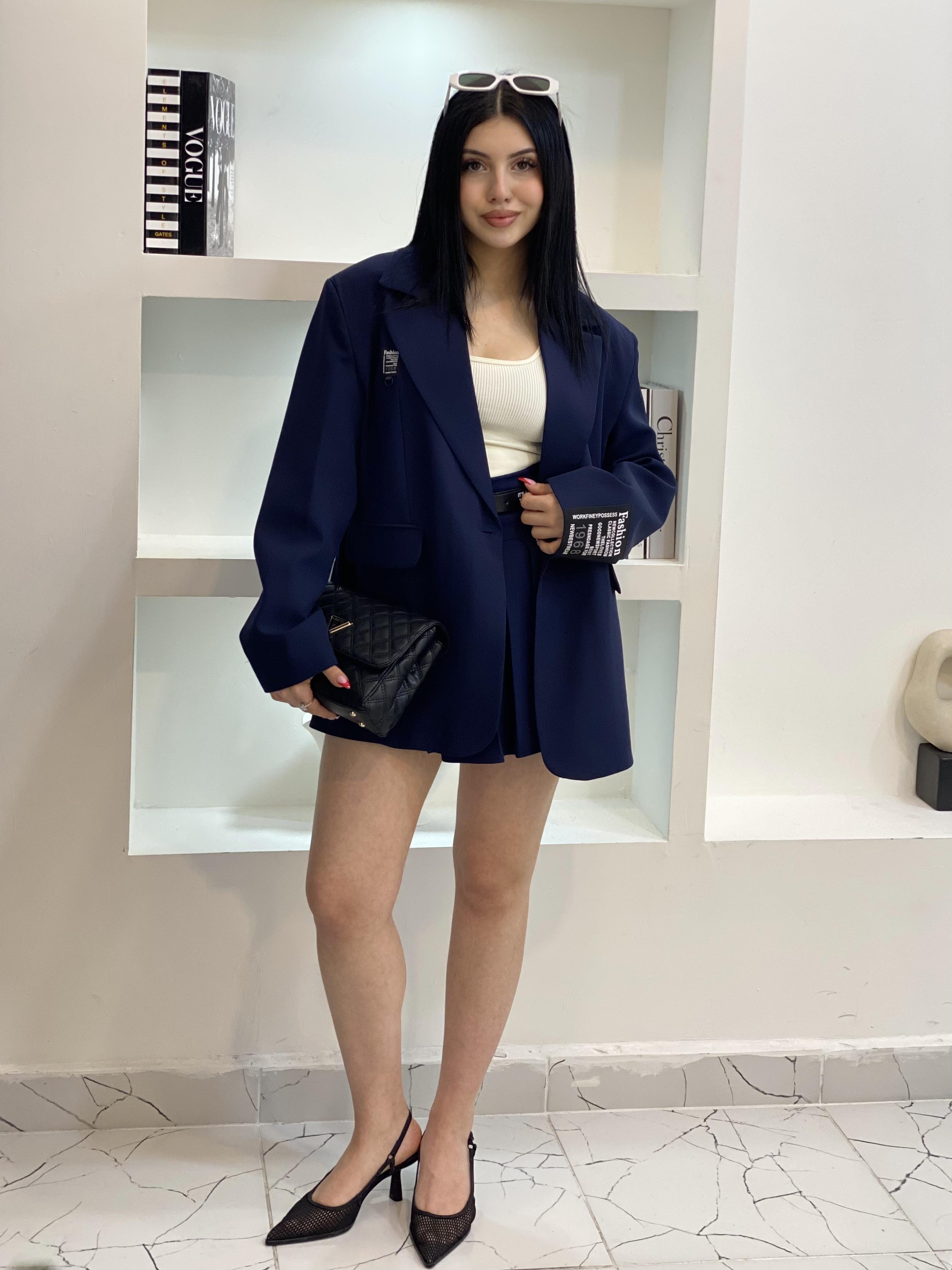 Lacivert Oversize Kolu Yazılı Spor Blazer Ceket