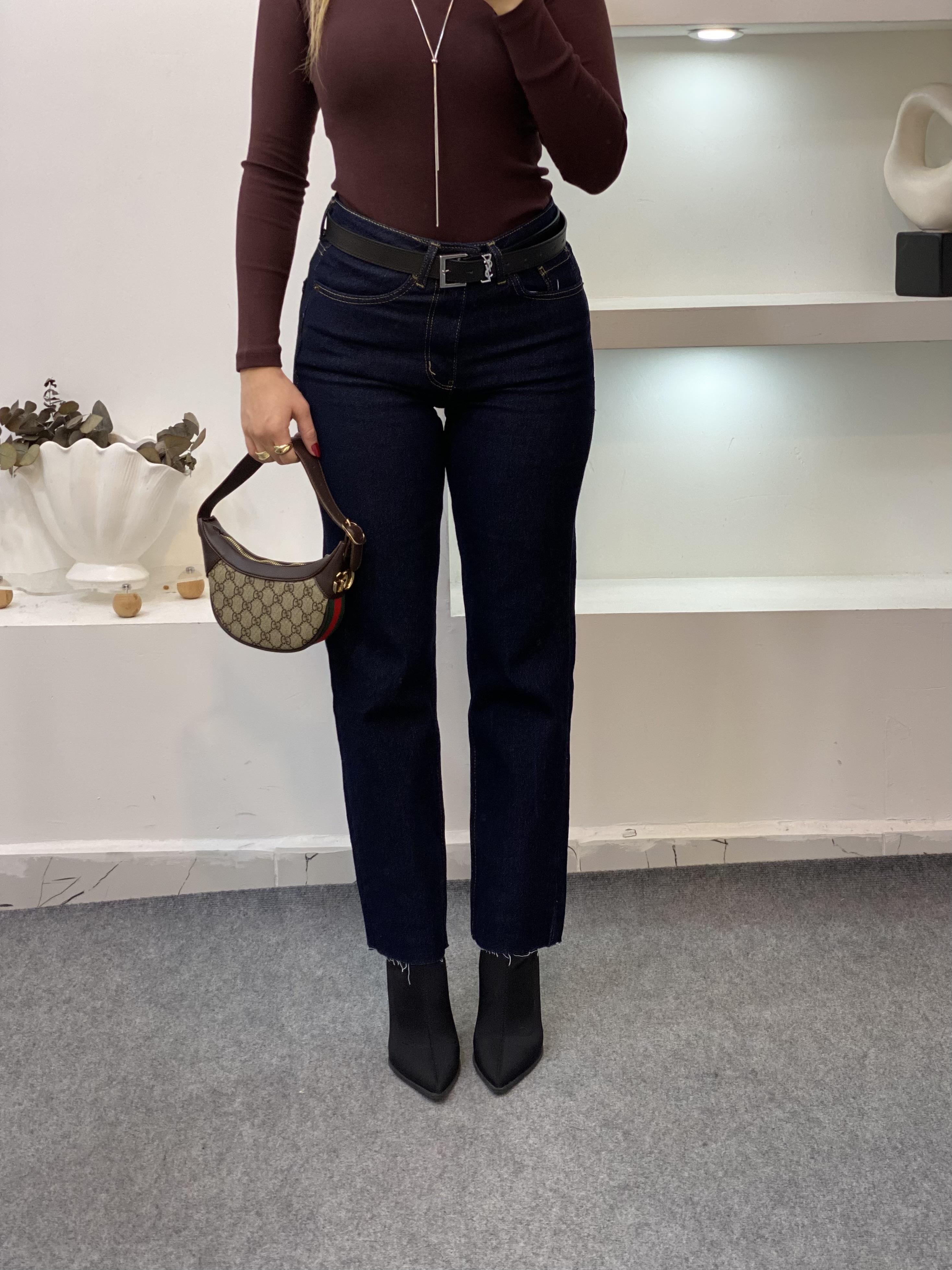 Lacivert Yüksek Bel Boyfit Jean