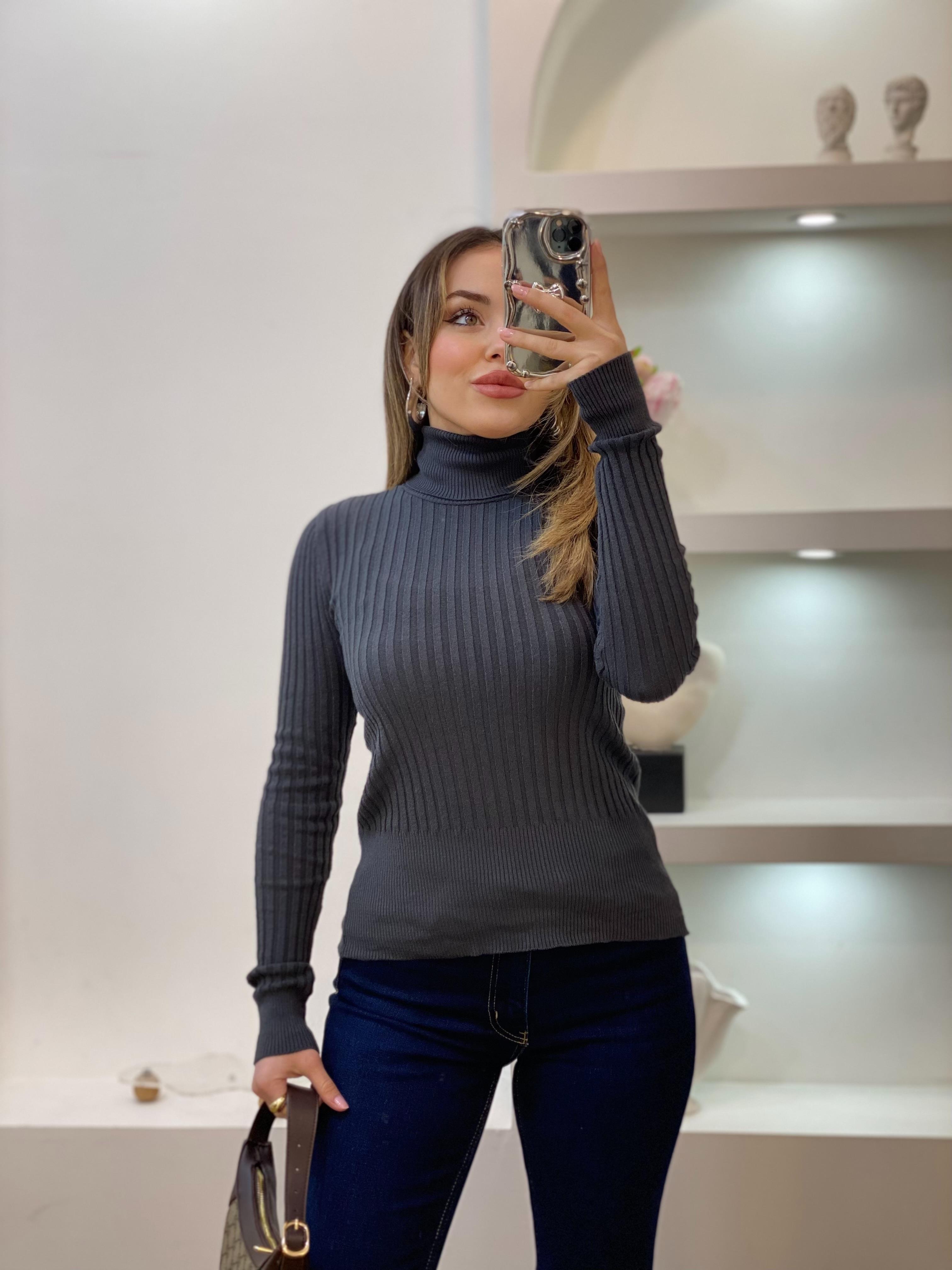 Lüx Kalite Antrasit Renk Balıkçı Yaka Triko