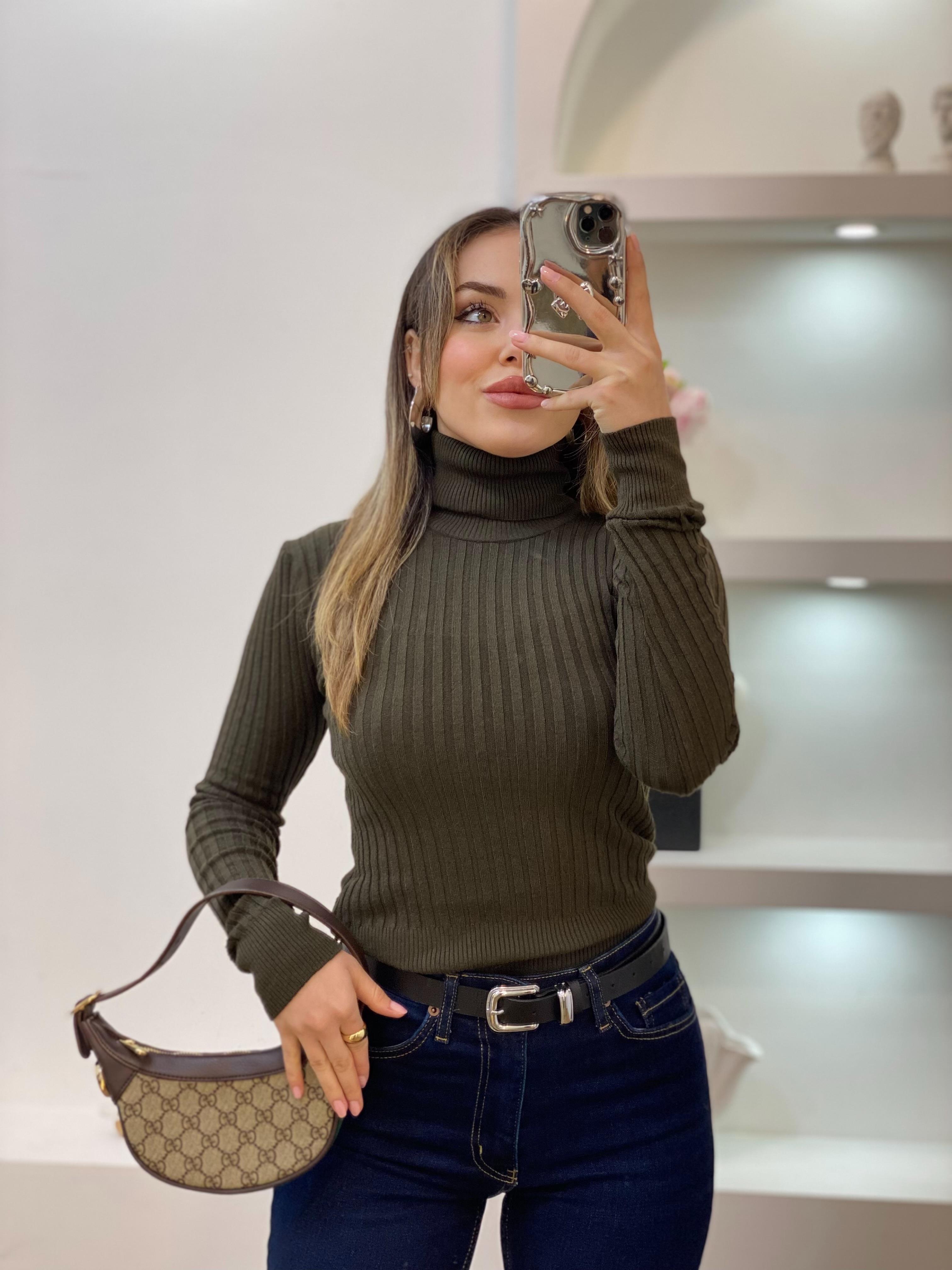 Lüx Kalite Haki Renk Balıkçı Yaka Triko