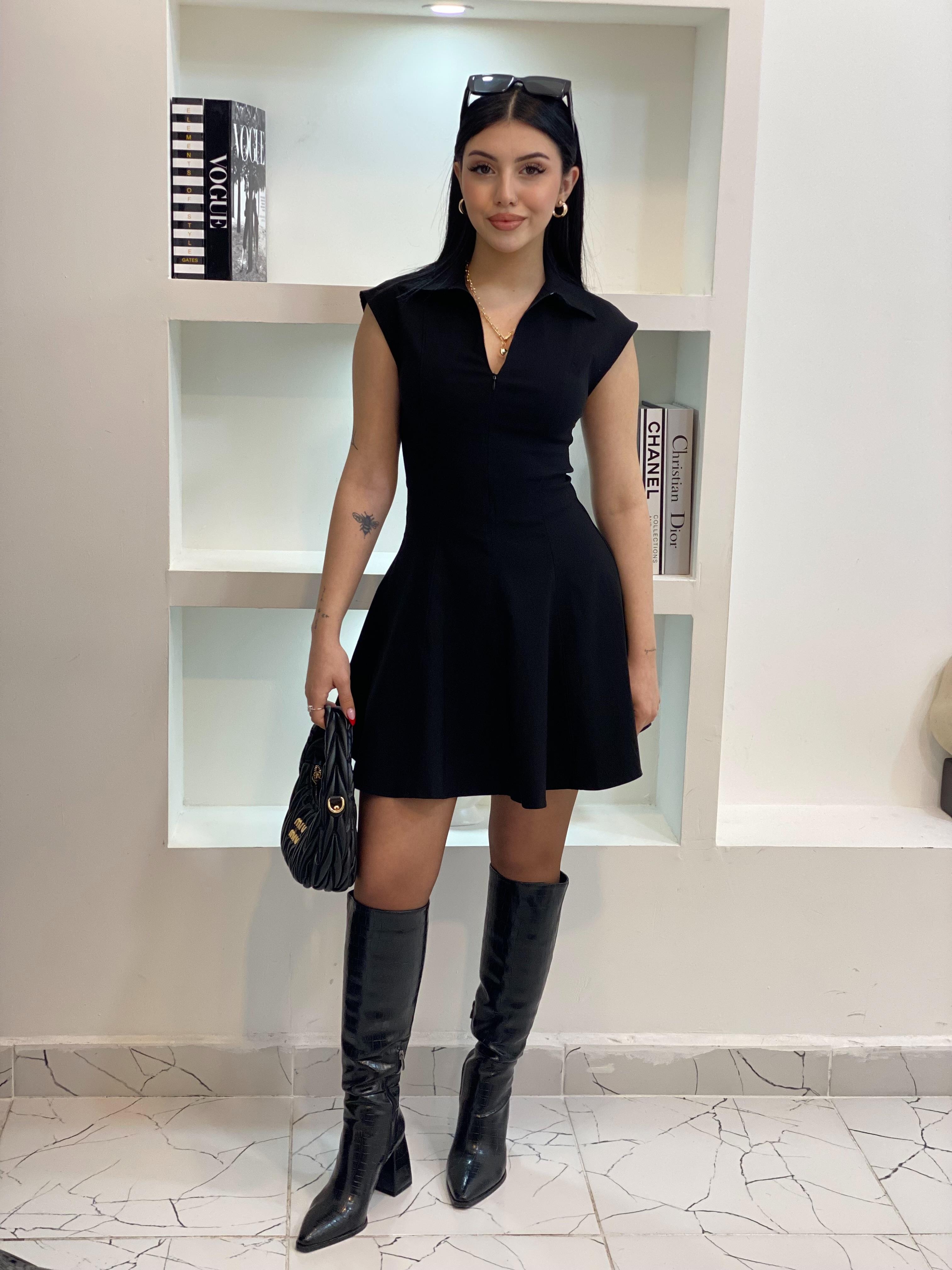 Marka Siyah Fermuarlı Model Volanlı Elbise