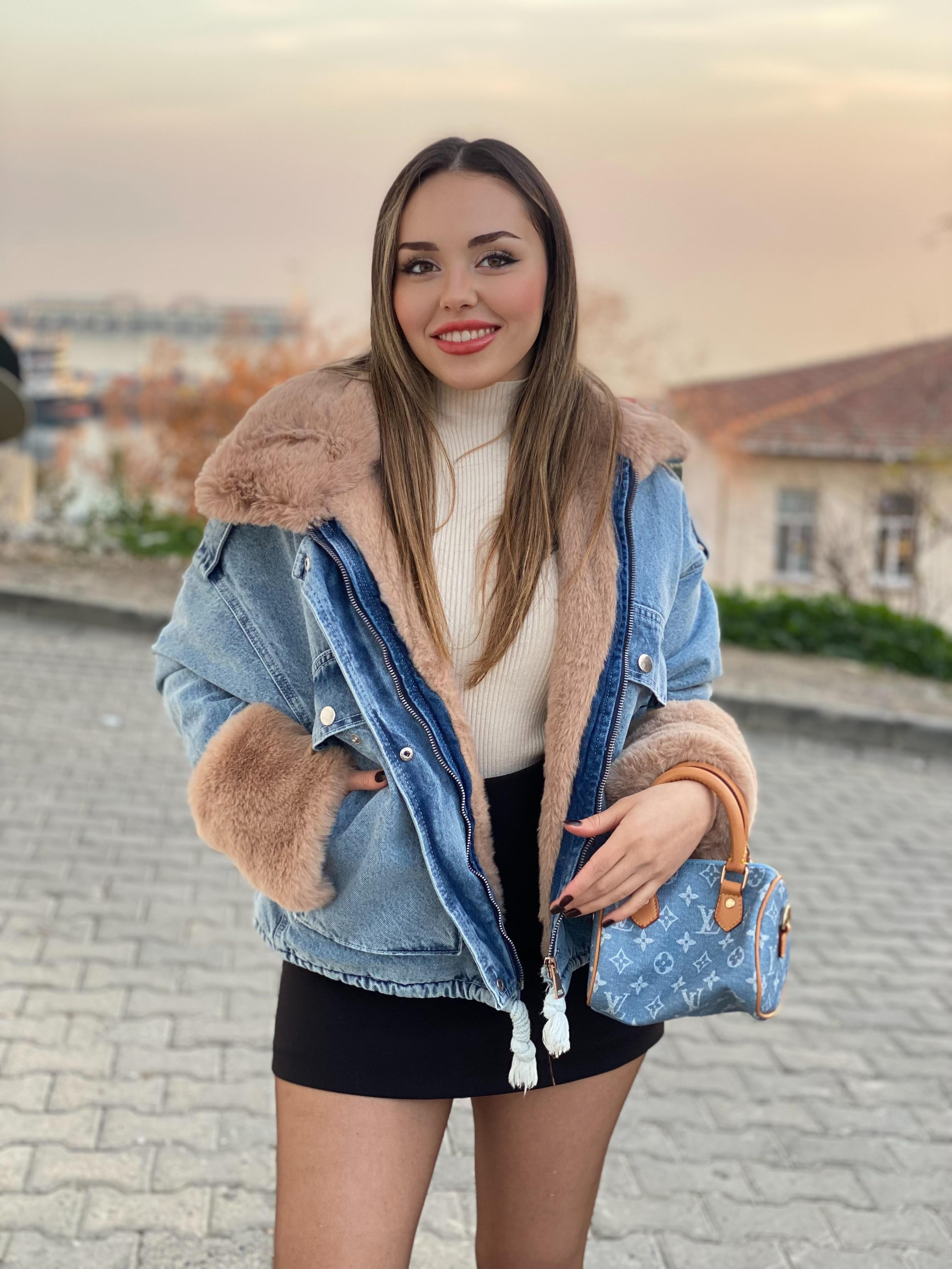 Mavi Bej İçi Full Kürklü Kot Mont