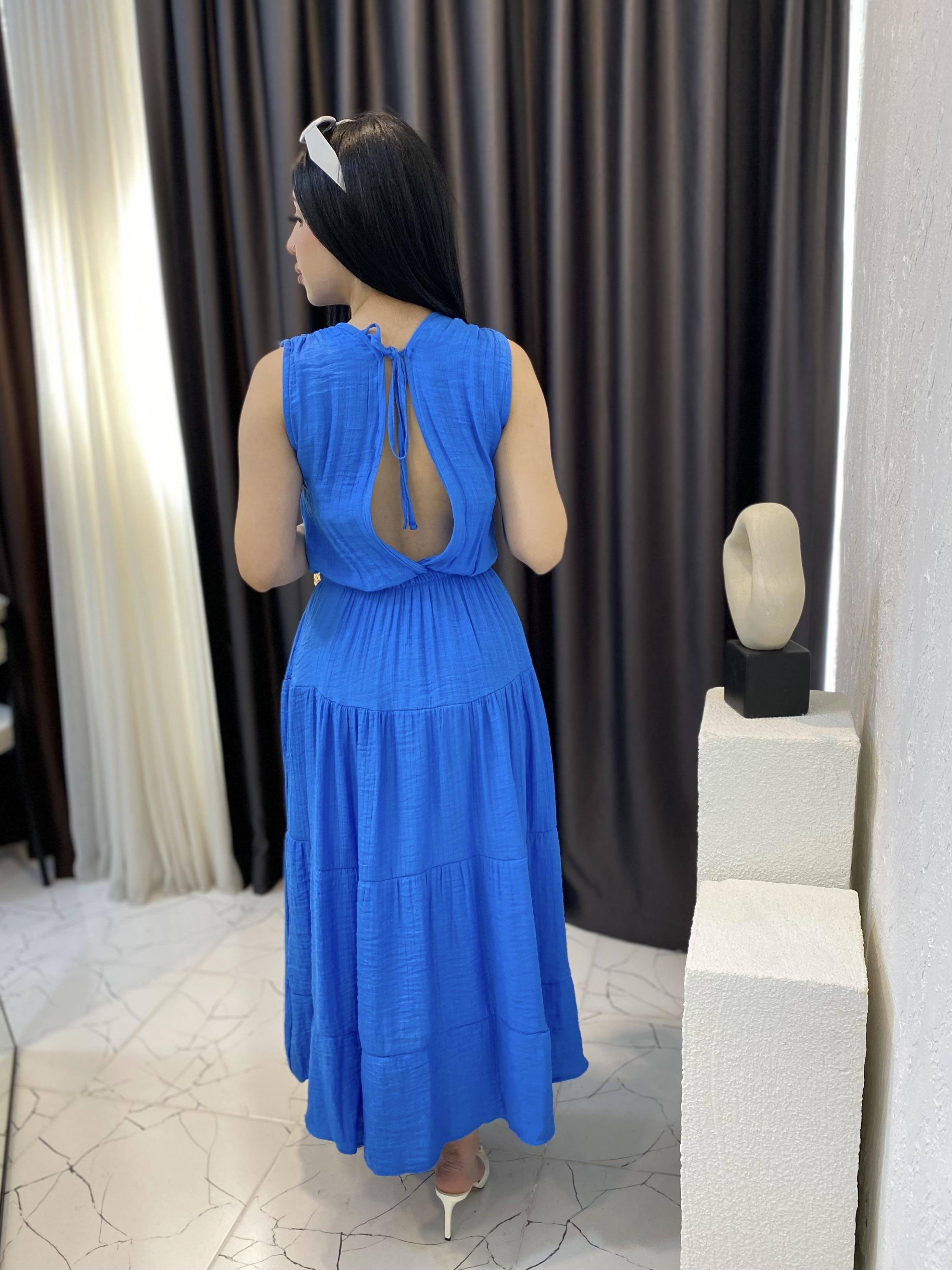 Mavi Beli Lastikli Keten Elbise