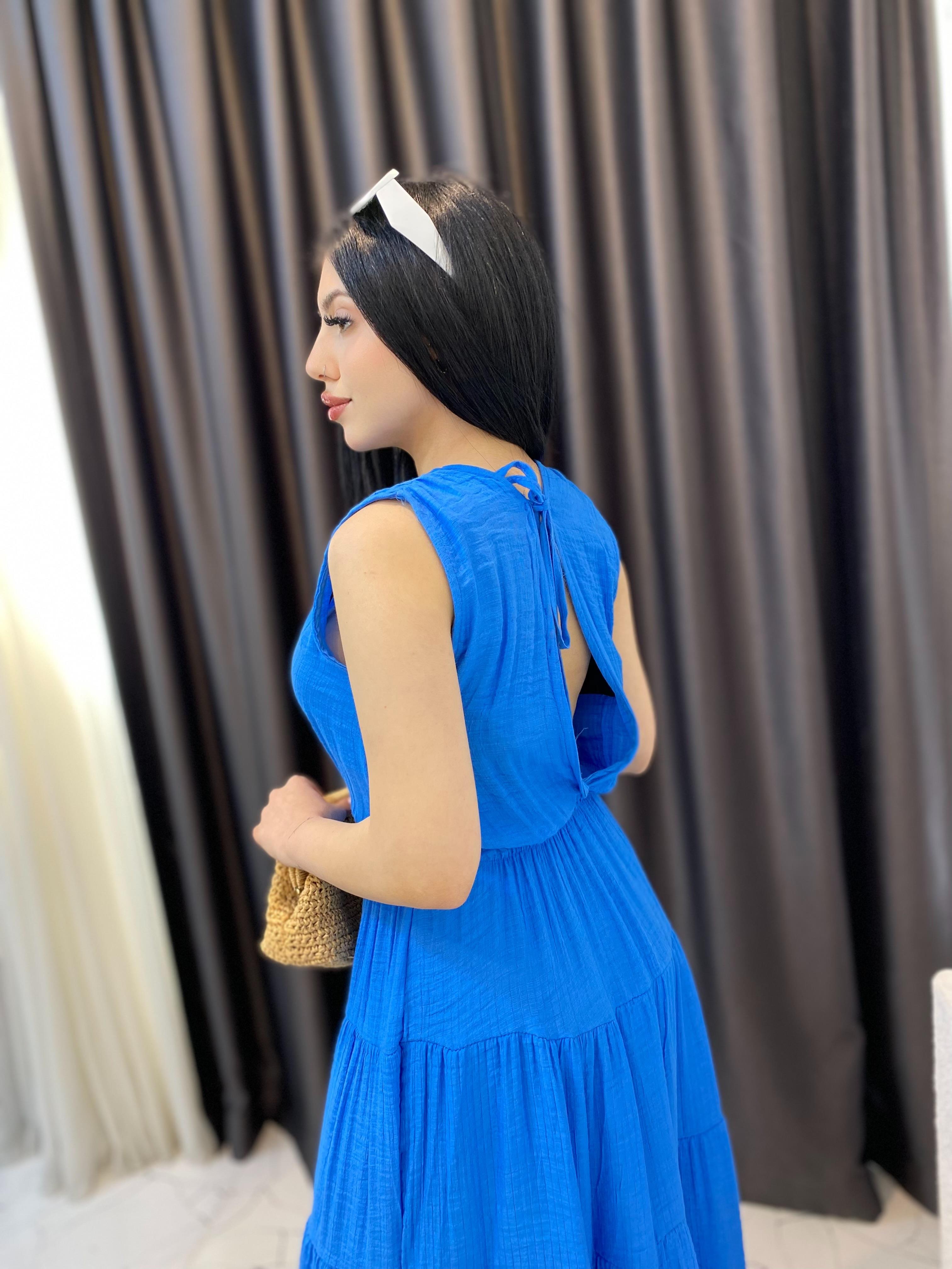 Mavi Beli Lastikli Keten Elbise