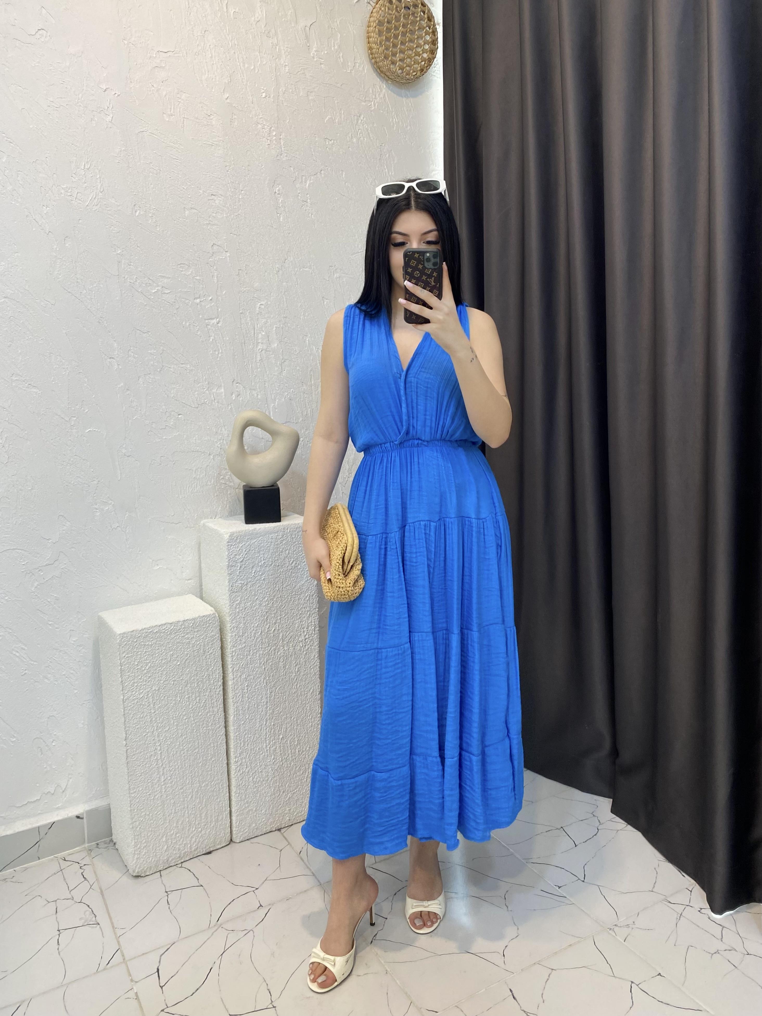 Mavi Beli Lastikli Keten Elbise