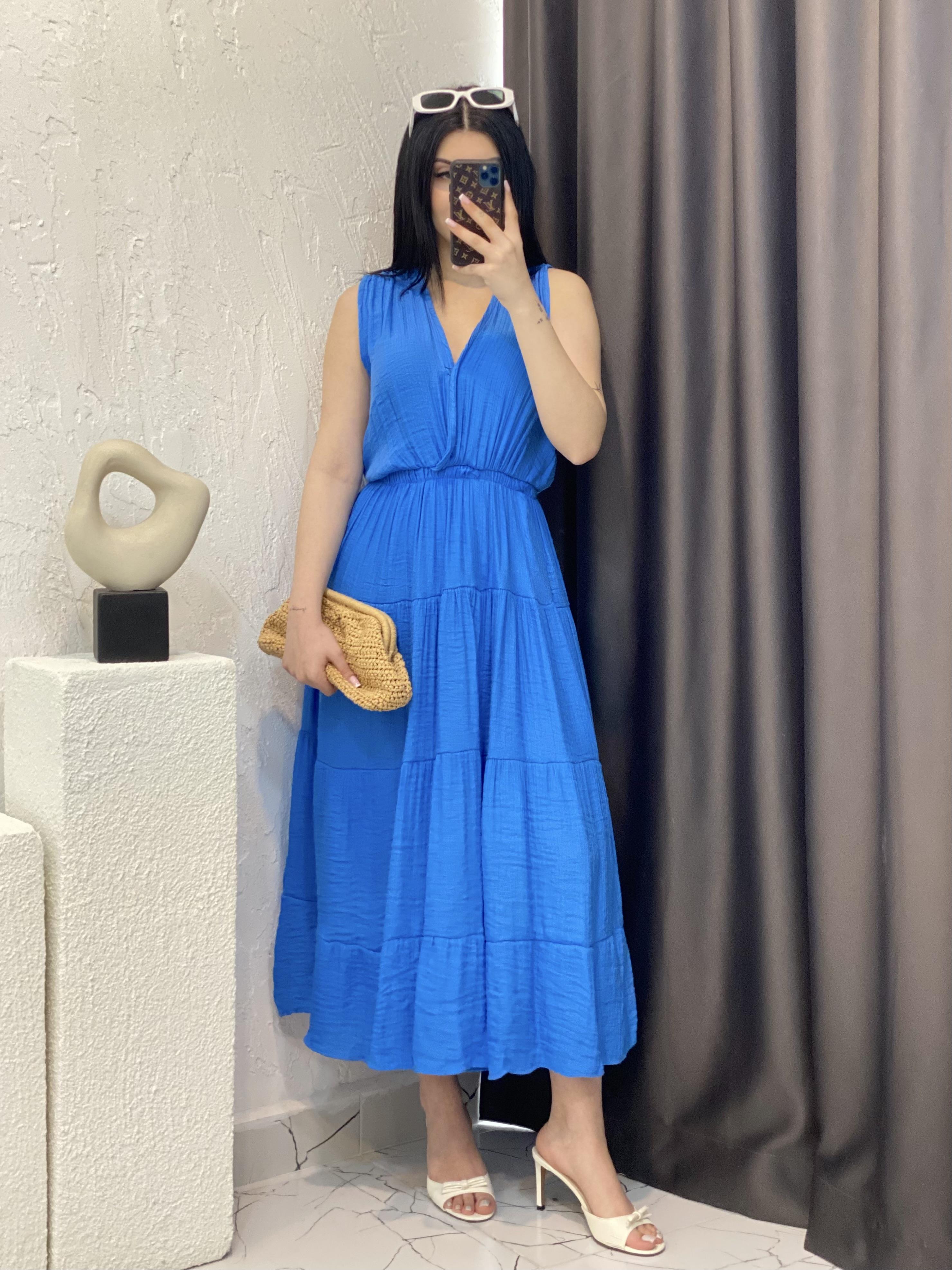 Mavi Beli Lastikli Keten Elbise