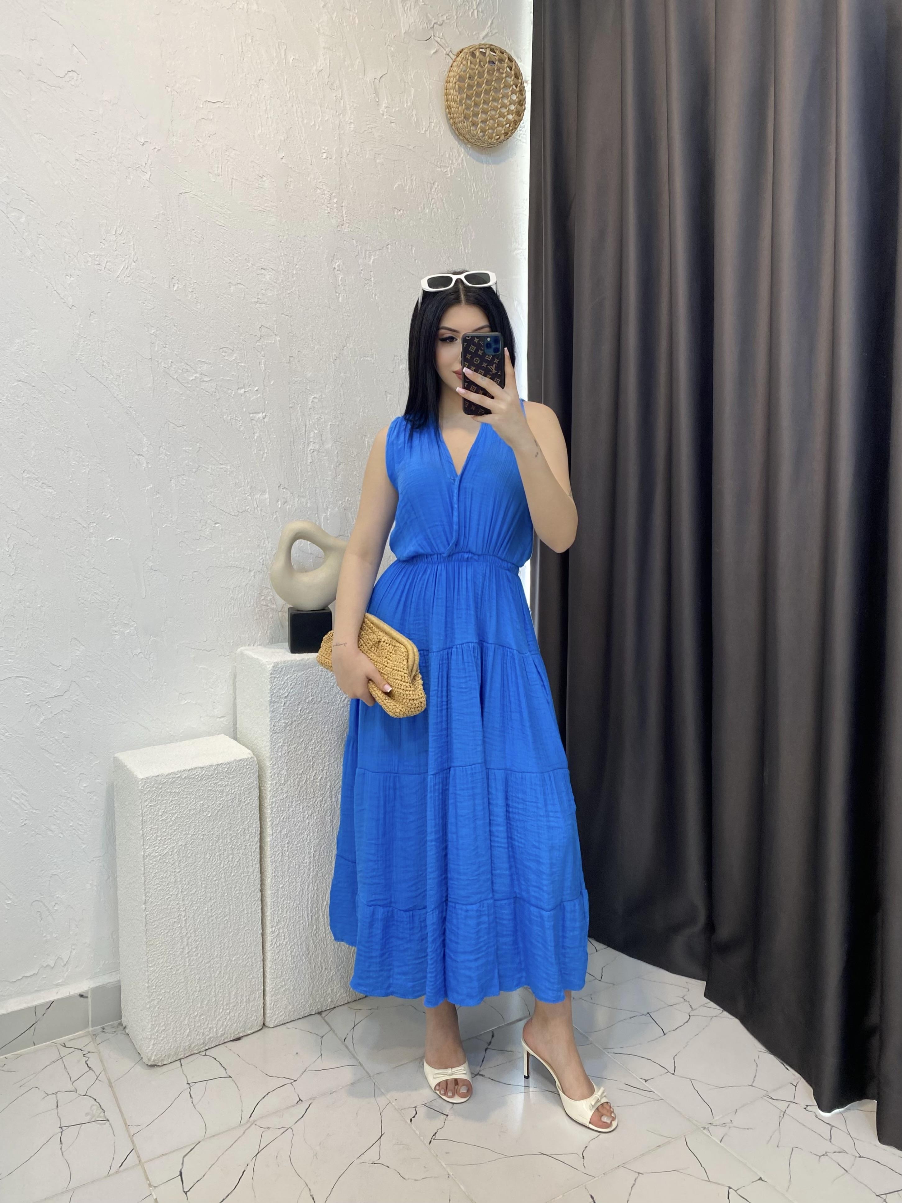 Mavi Beli Lastikli Keten Elbise