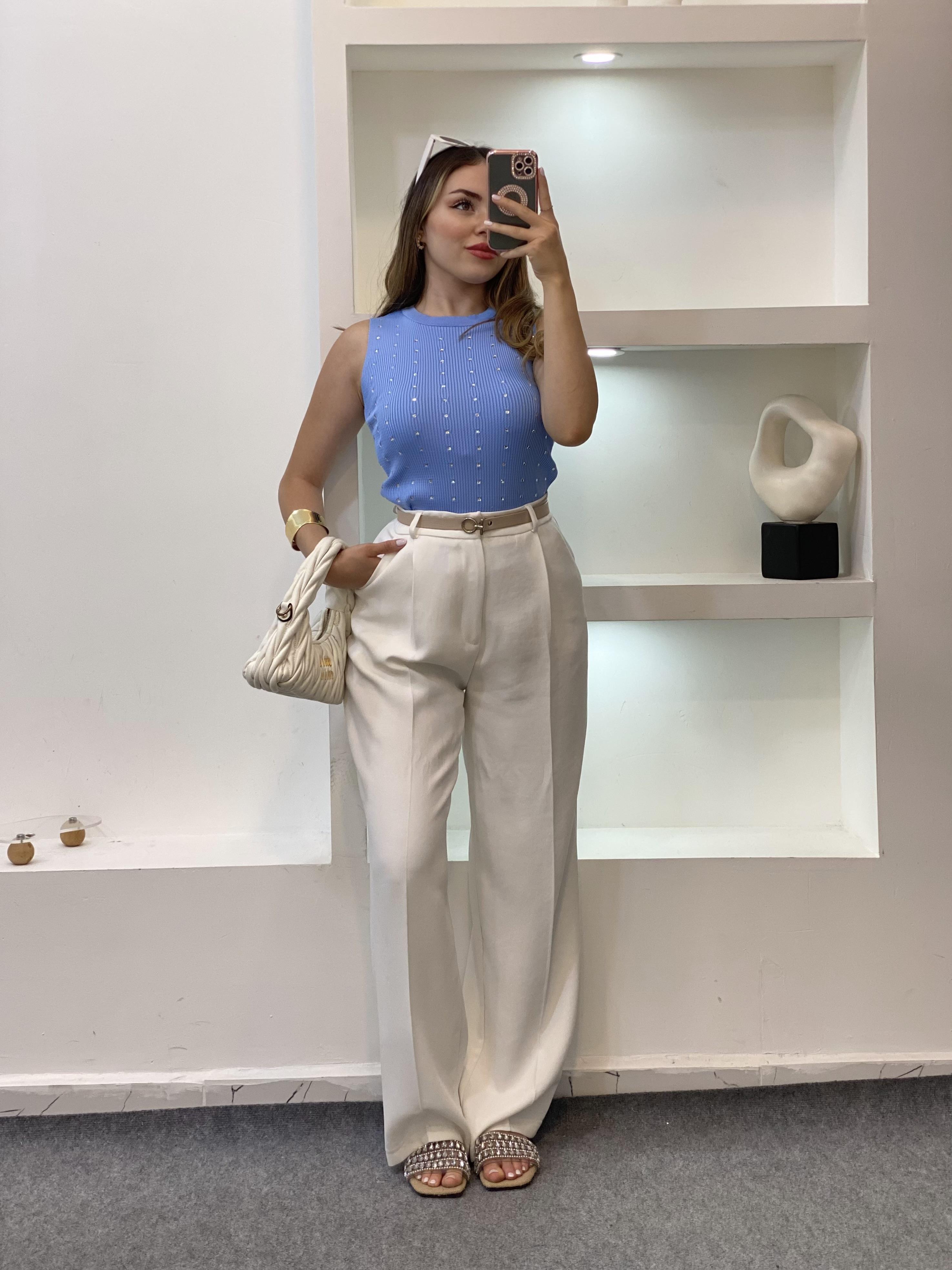 Mavi Damla Taşlı Triko Bluz