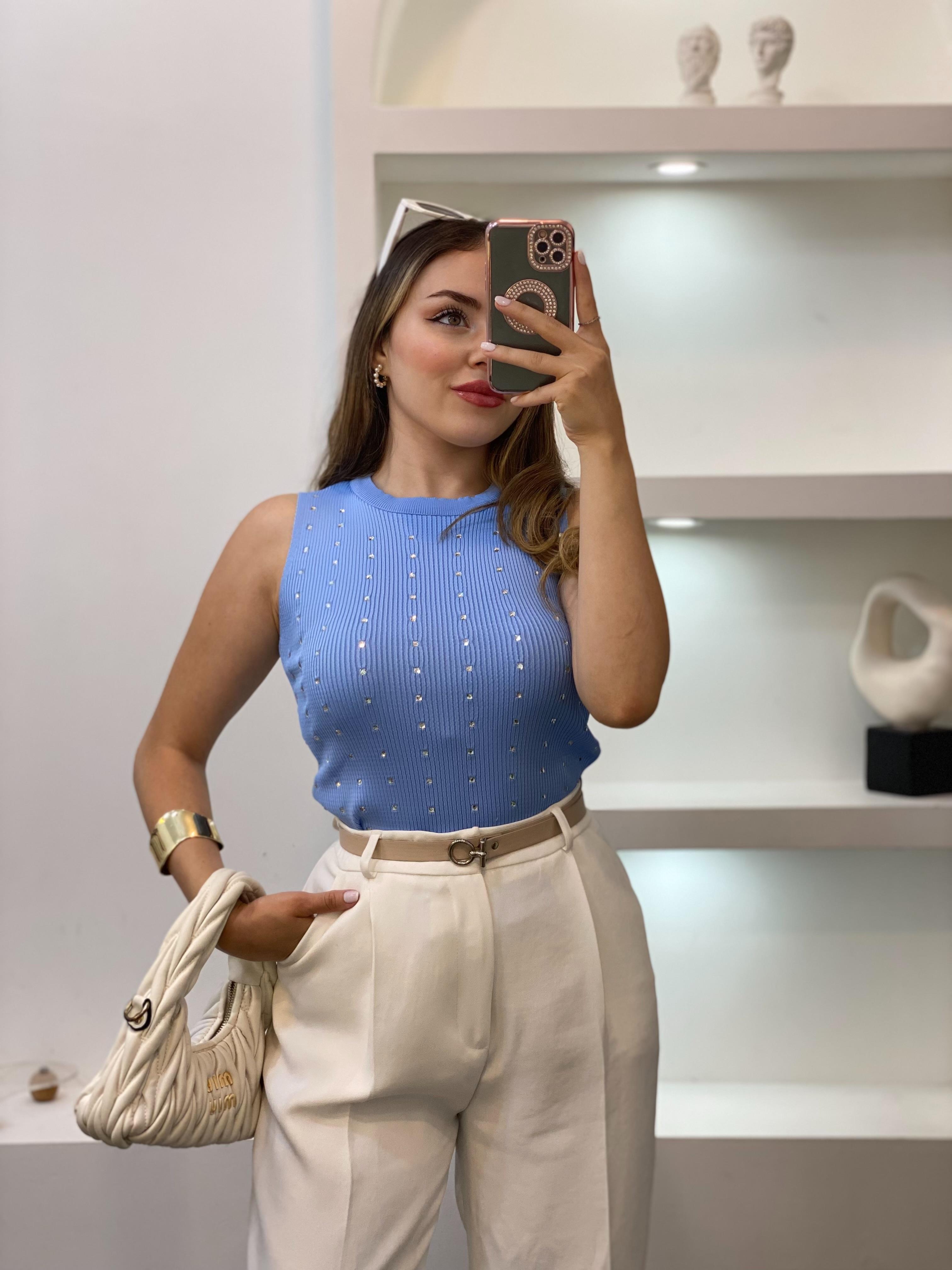 Mavi Damla Taşlı Triko Bluz