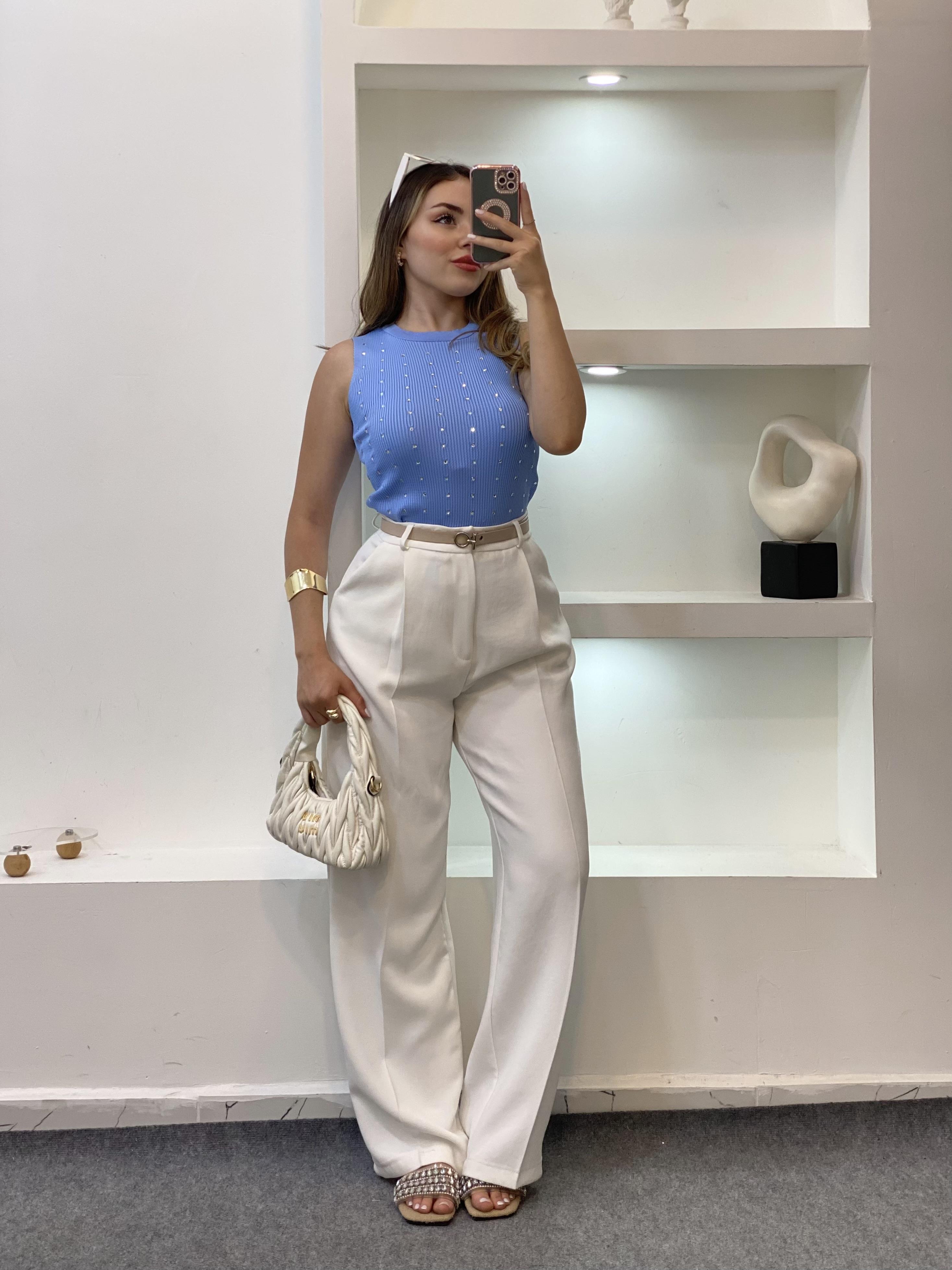Mavi Damla Taşlı Triko Bluz