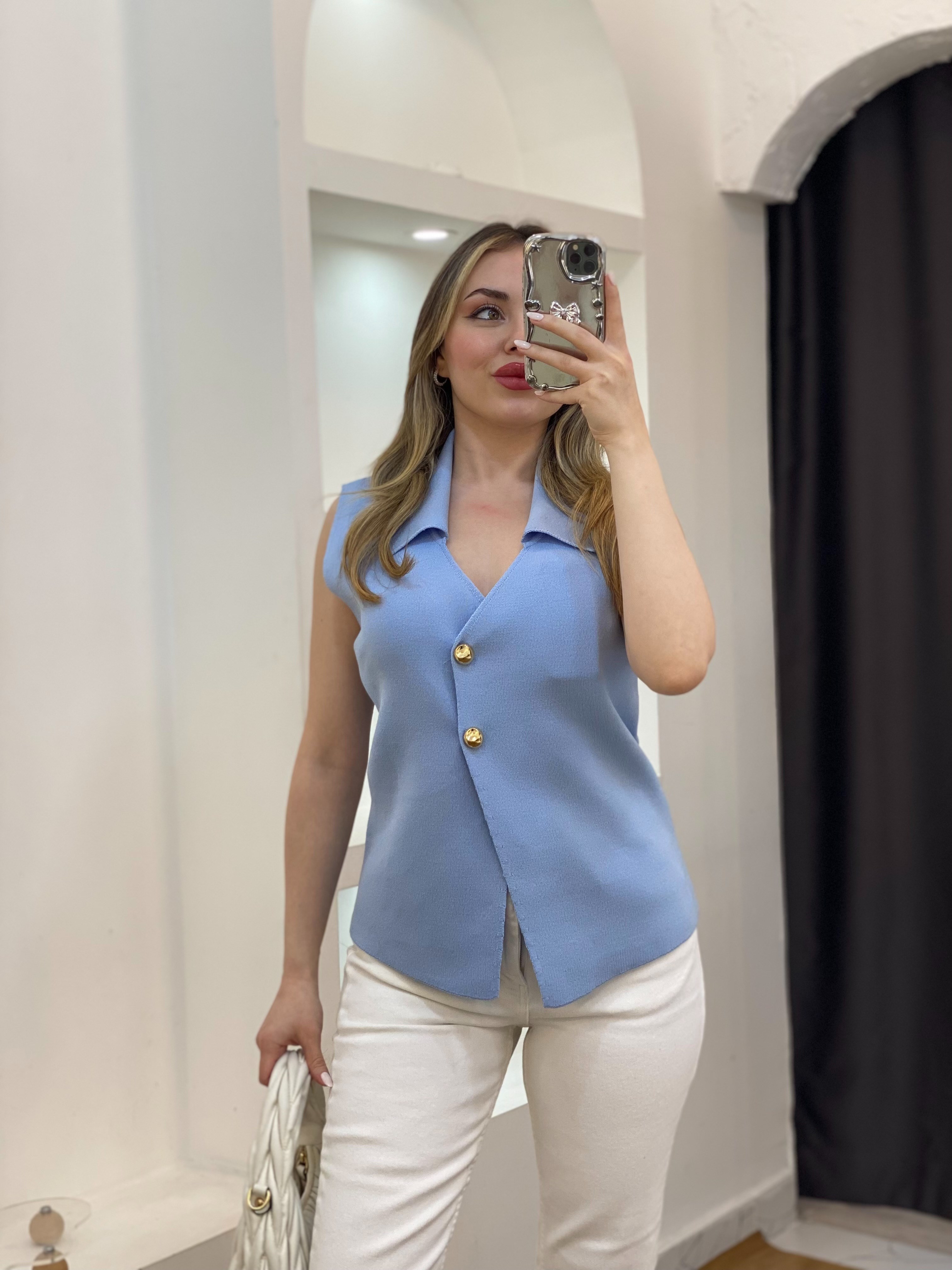 Mavi Gold Düğmeli Çelik Triko Yelek