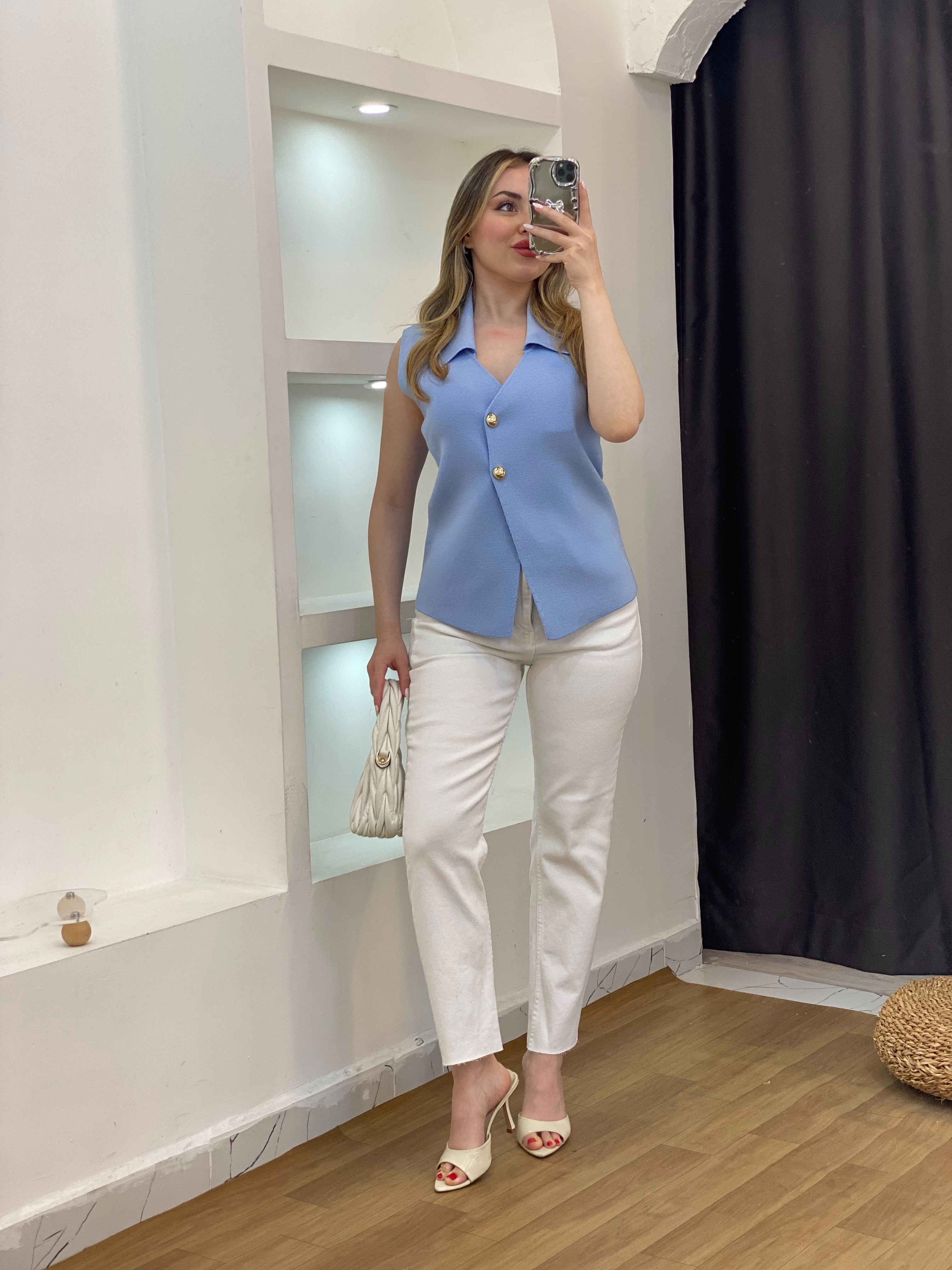 Mavi Gold Düğmeli Çelik Triko Yelek