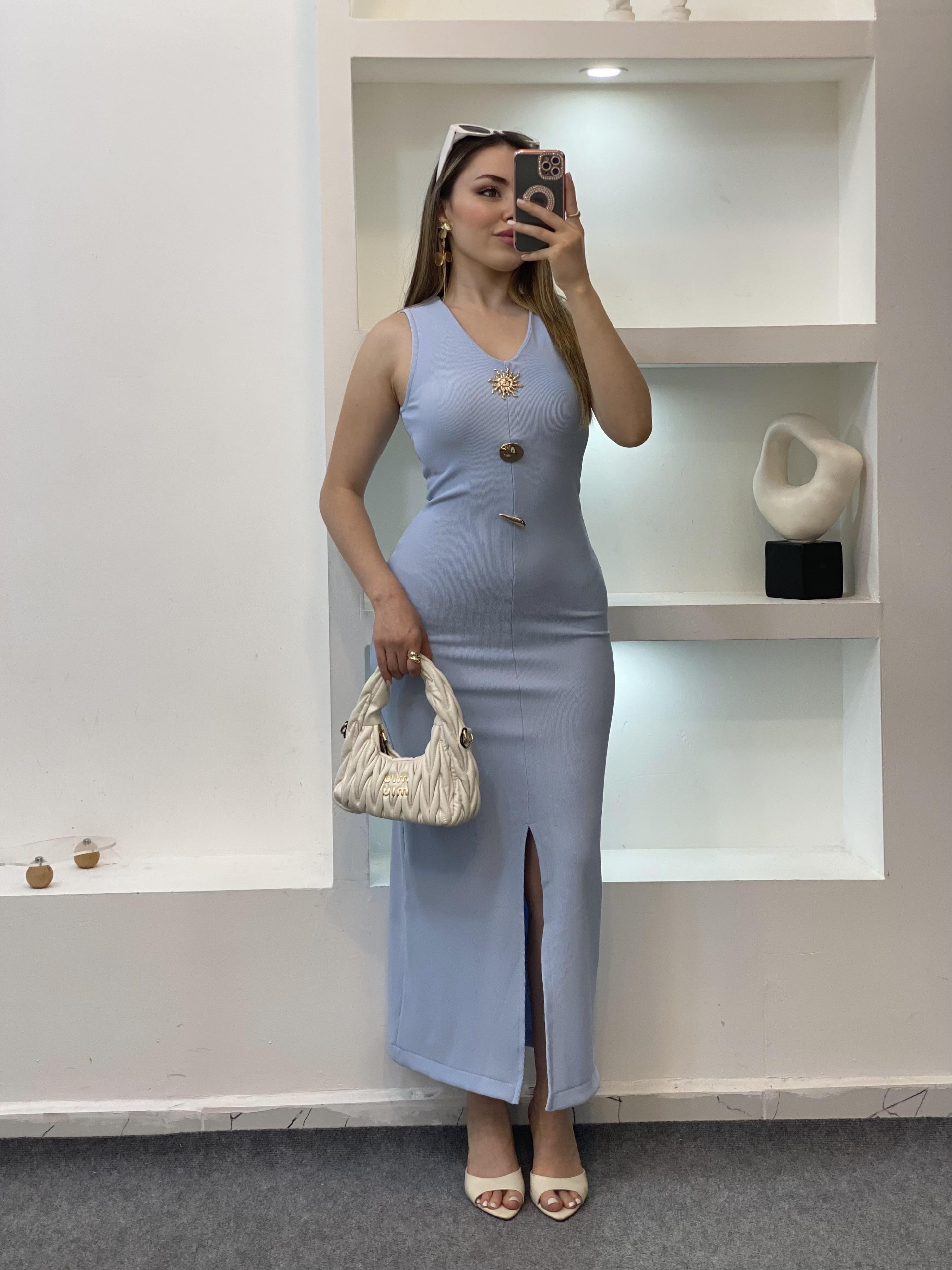 Mavi Likralı Güneş Elbise