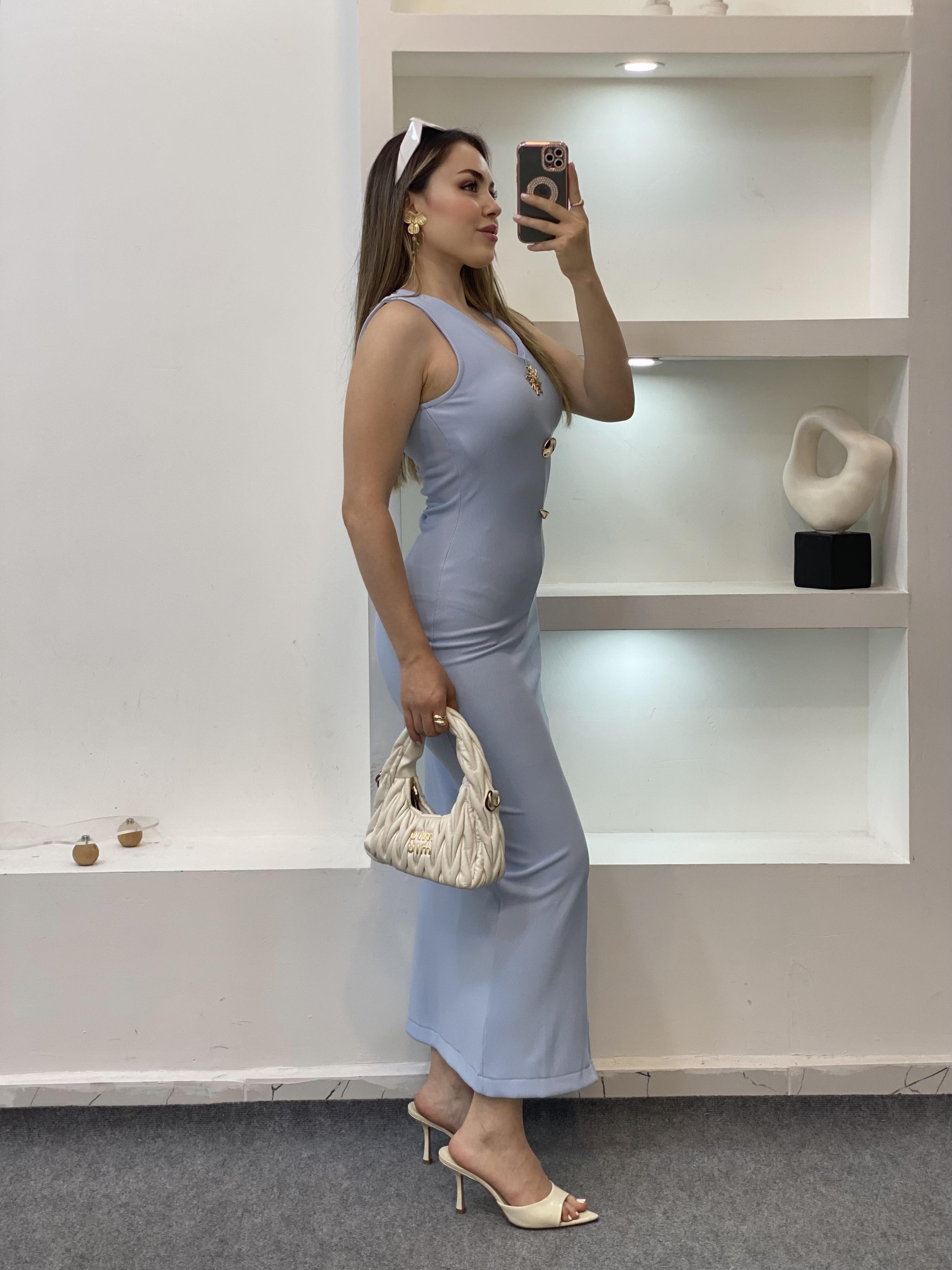 Mavi Likralı Güneş Elbise