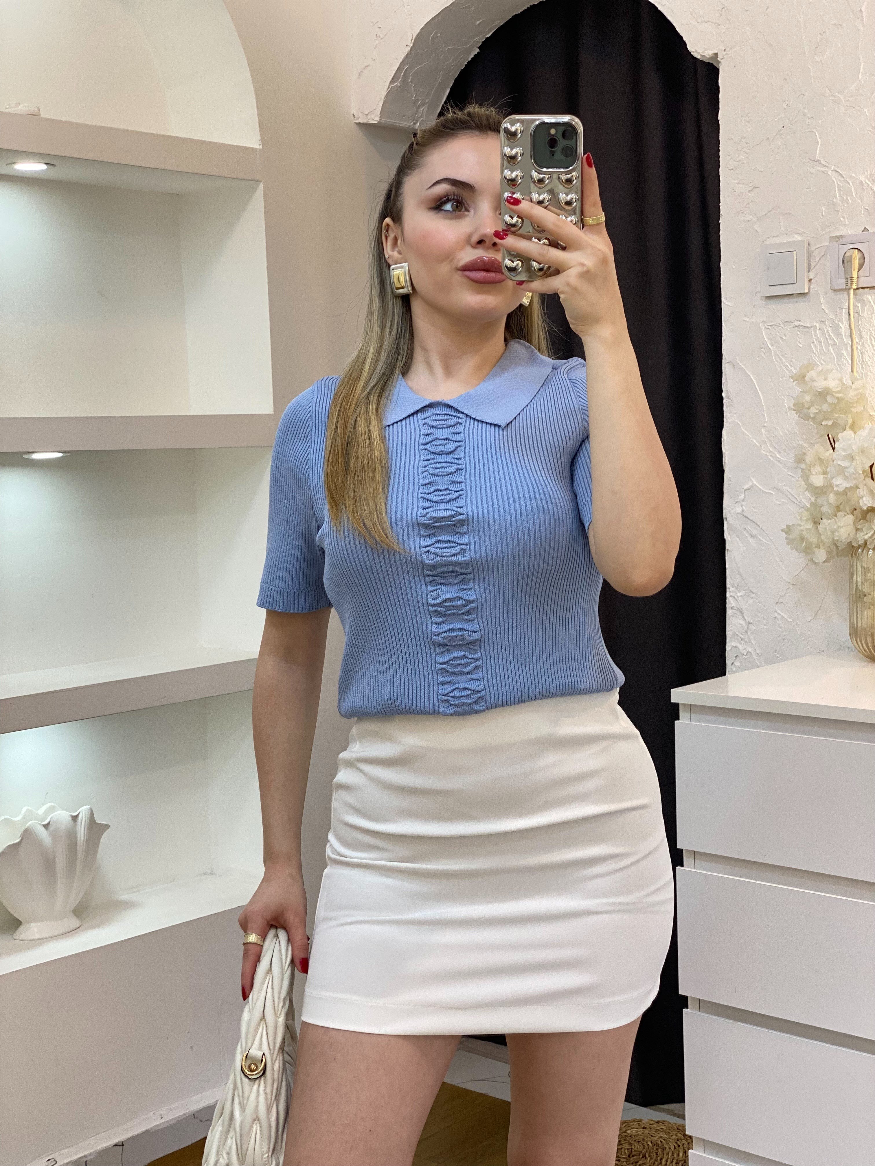 Mavi Önü Desenli Elit Triko Bluz