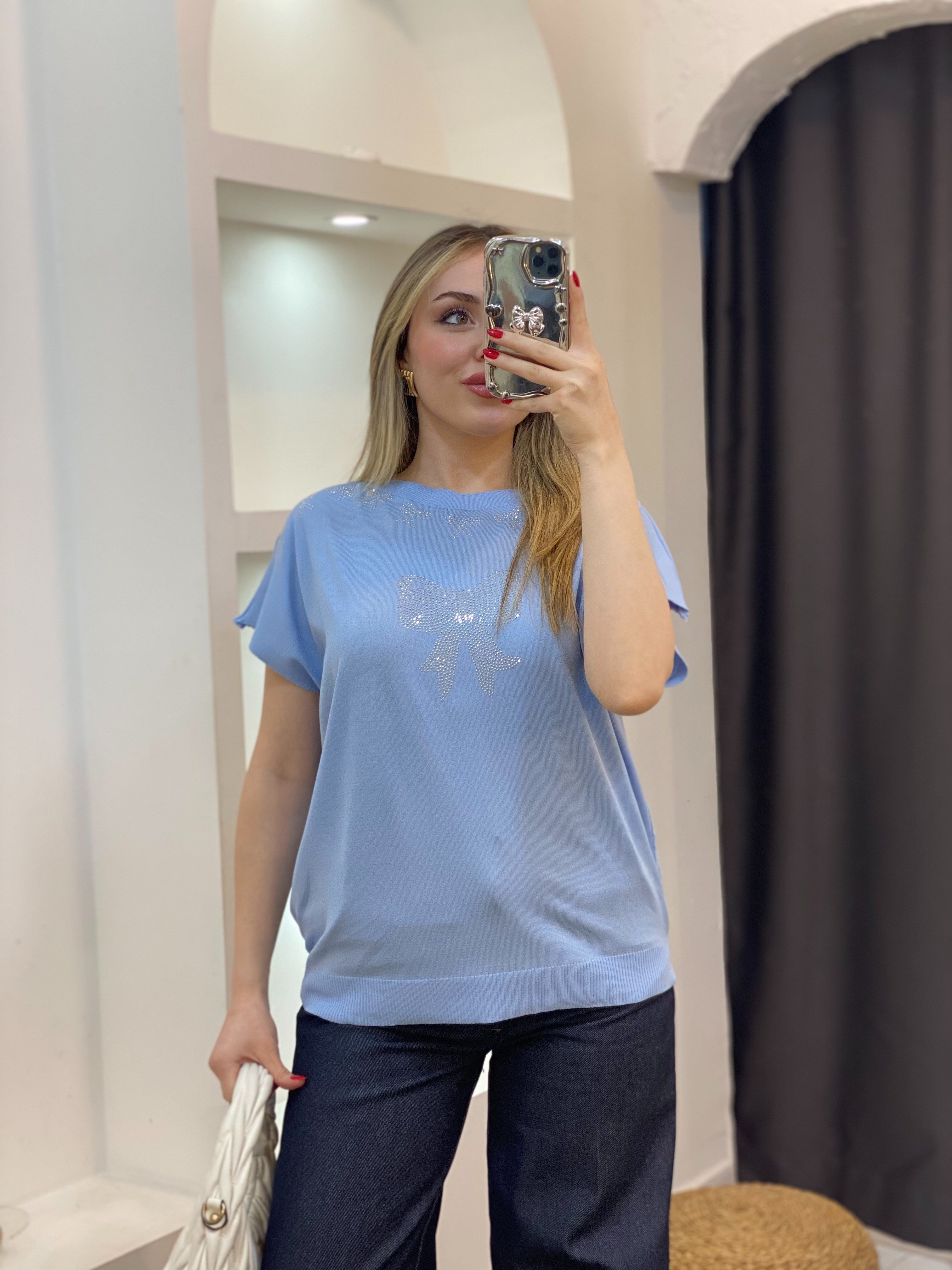Mavi Parıltılı Taşlı Merserize Triko Bluz