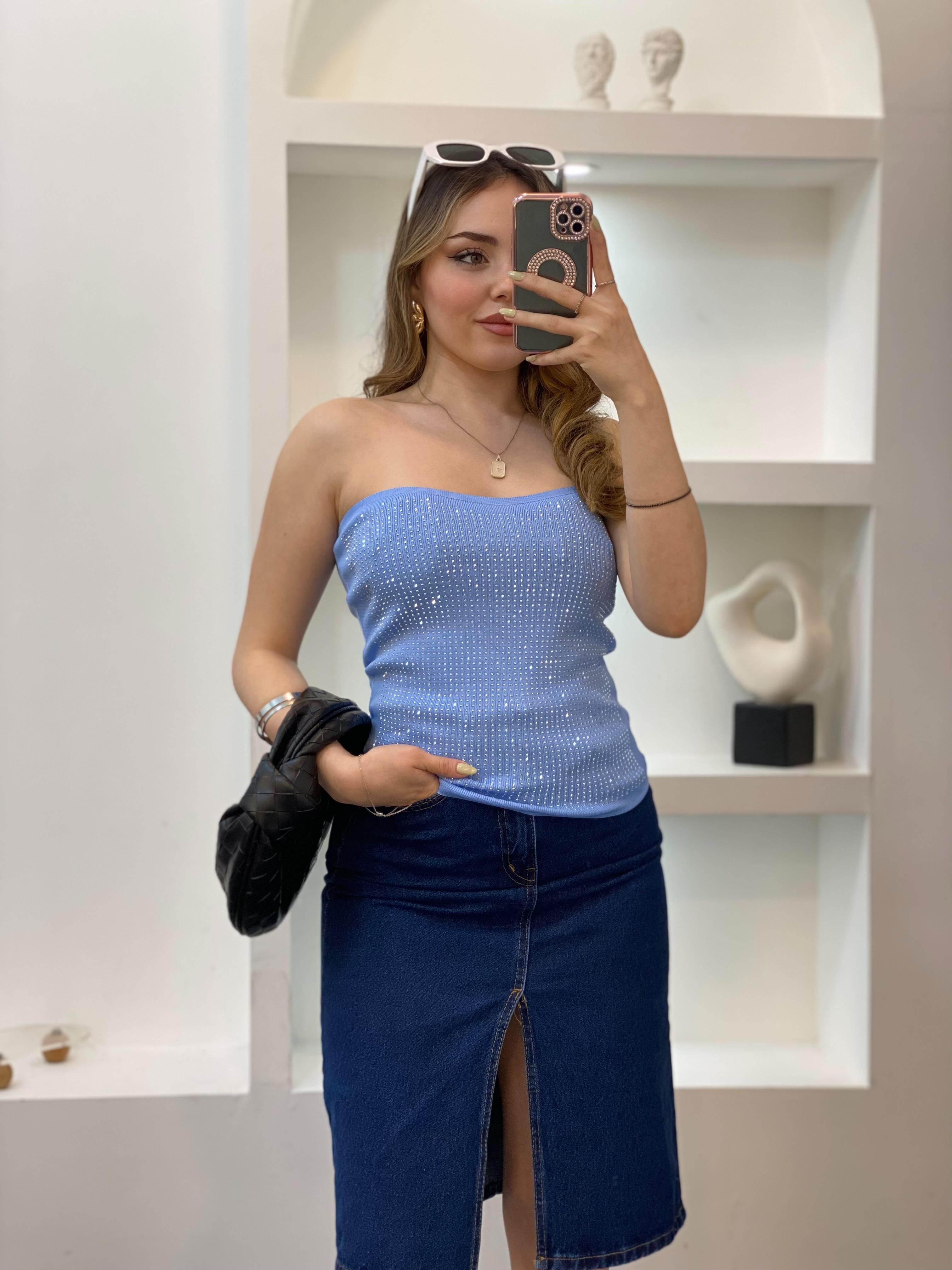 Mavi Parıltılı Taşlı Straplez Triko Bluz