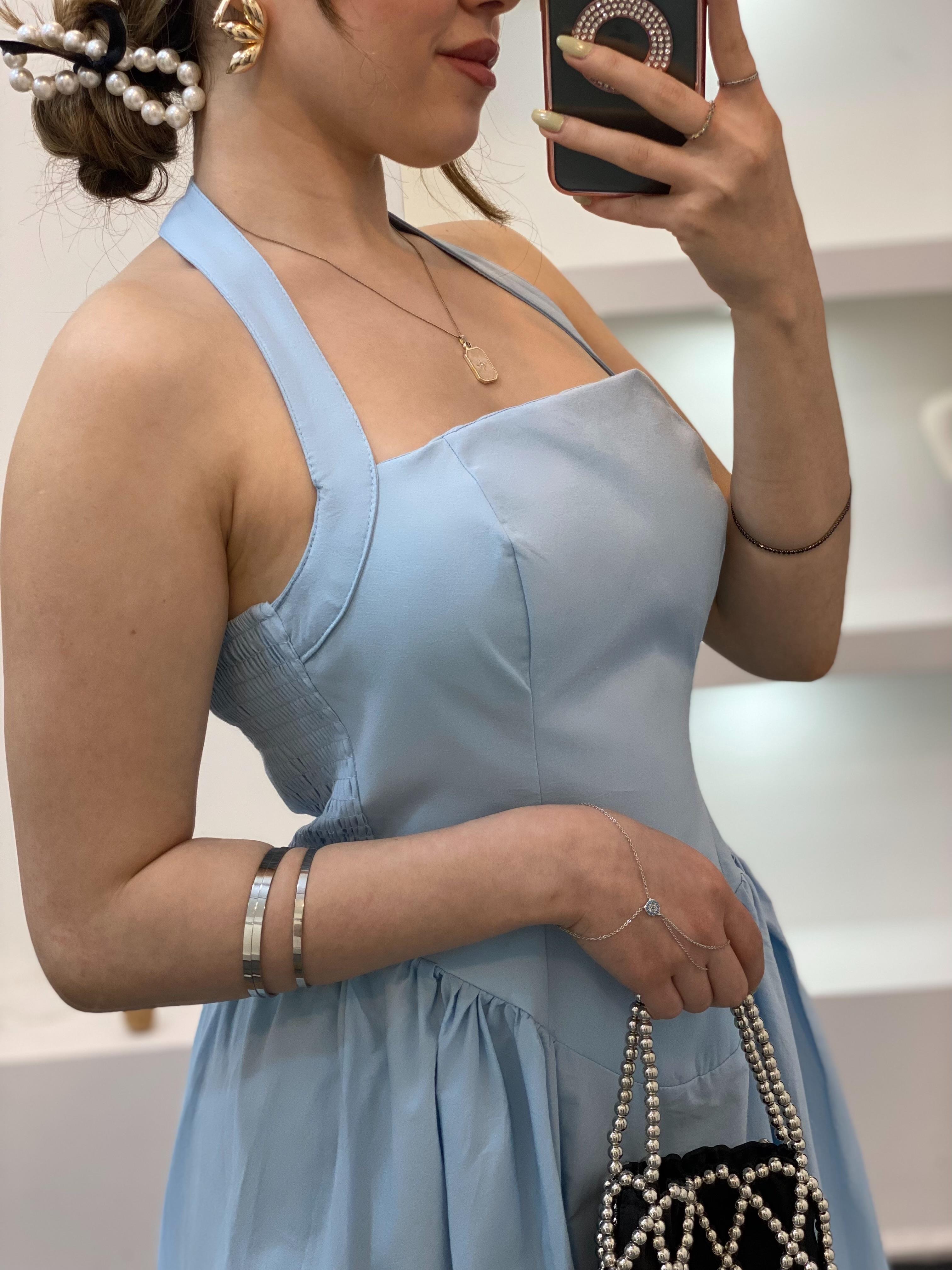 Mavi Premium Kalite Sırt Dekolteli Elbise 