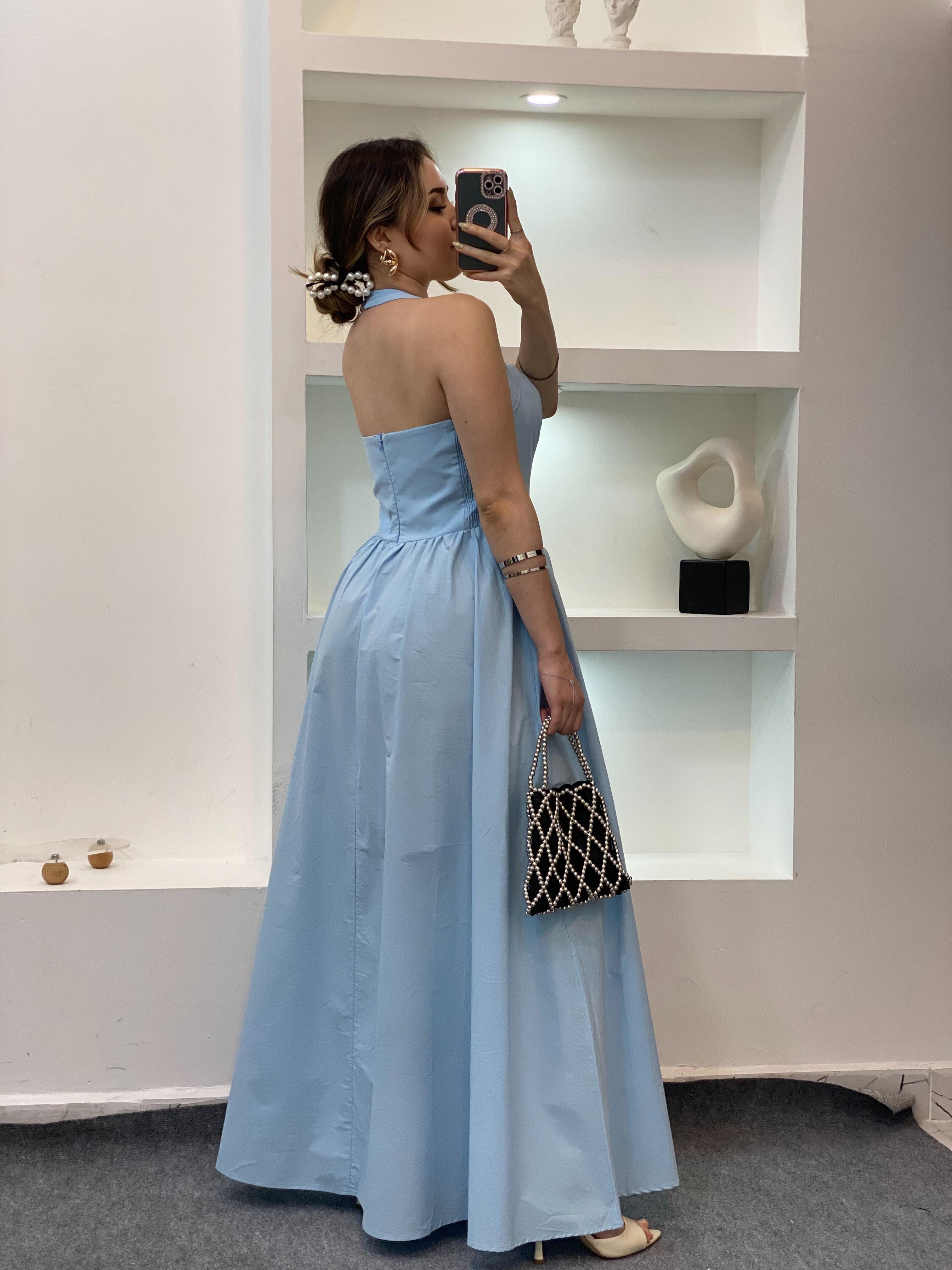 Mavi Premium Kalite Sırt Dekolteli Elbise 