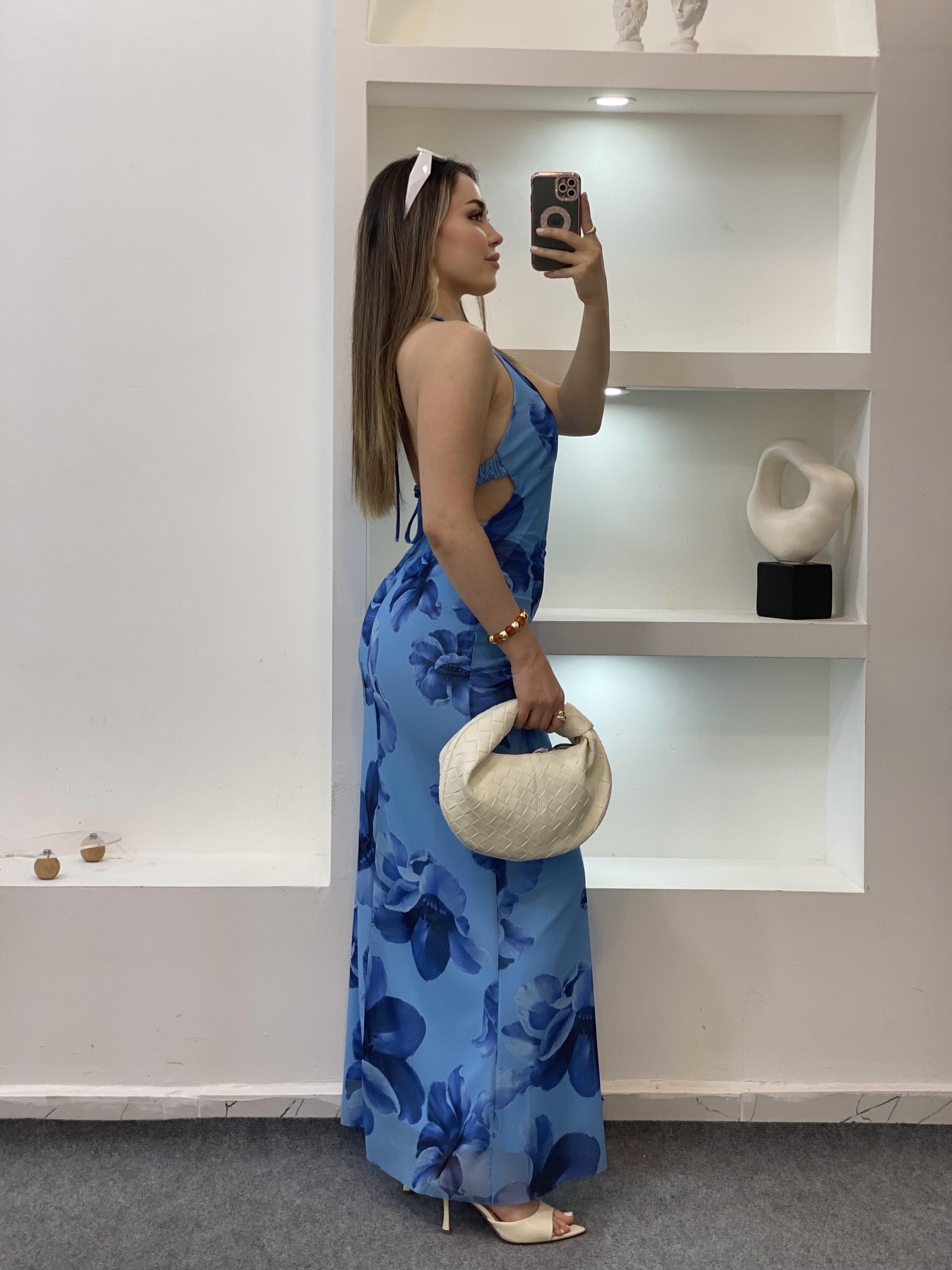 Mavi Sırt Dekolteli Floral Elbise