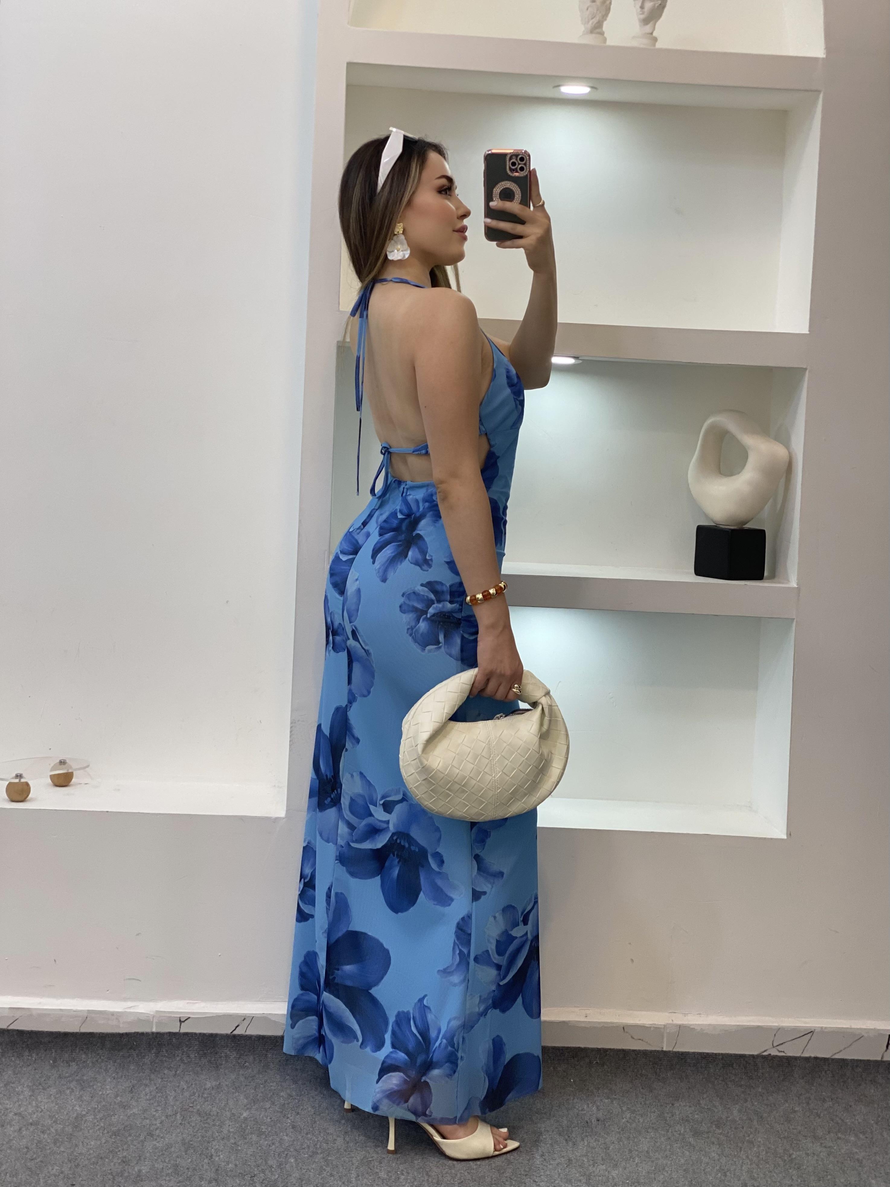 Mavi Sırt Dekolteli Floral Elbise