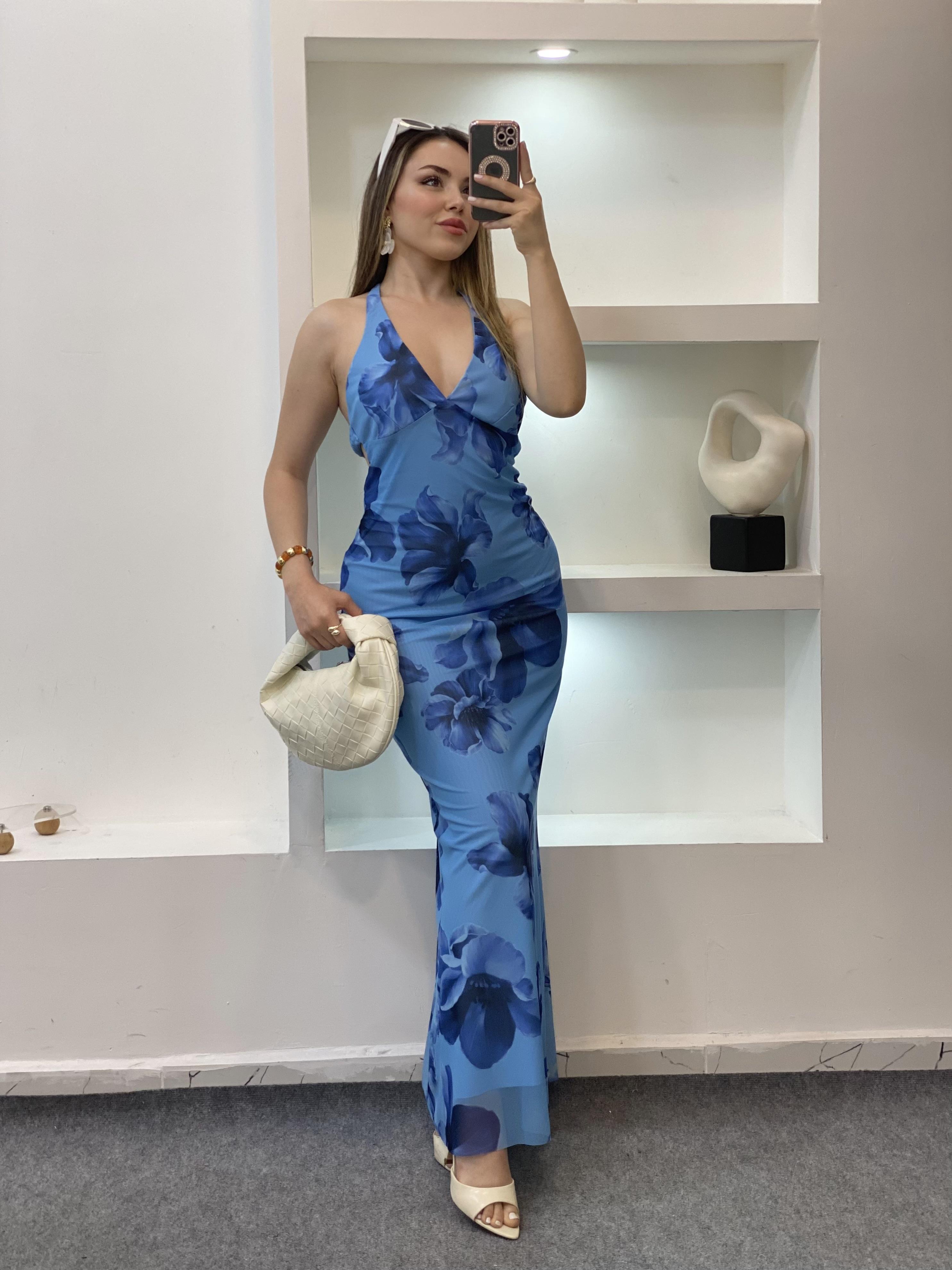 Mavi Sırt Dekolteli Floral Elbise