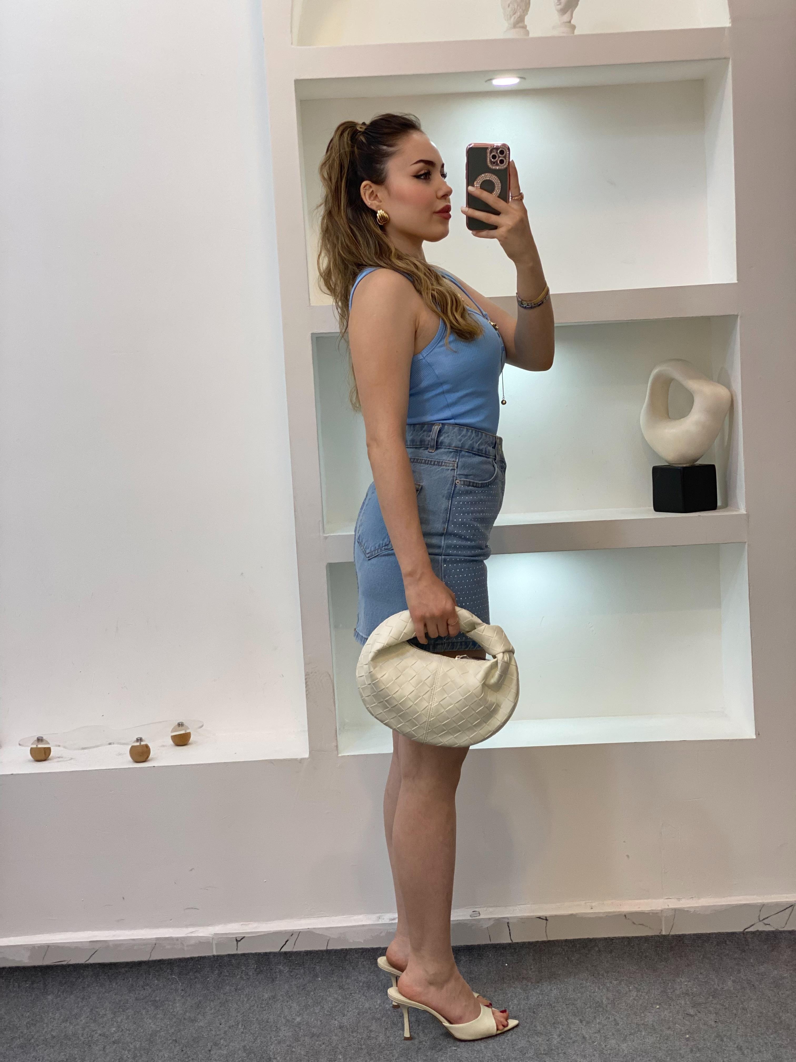 Mavi Taşlı Model Denim Etek