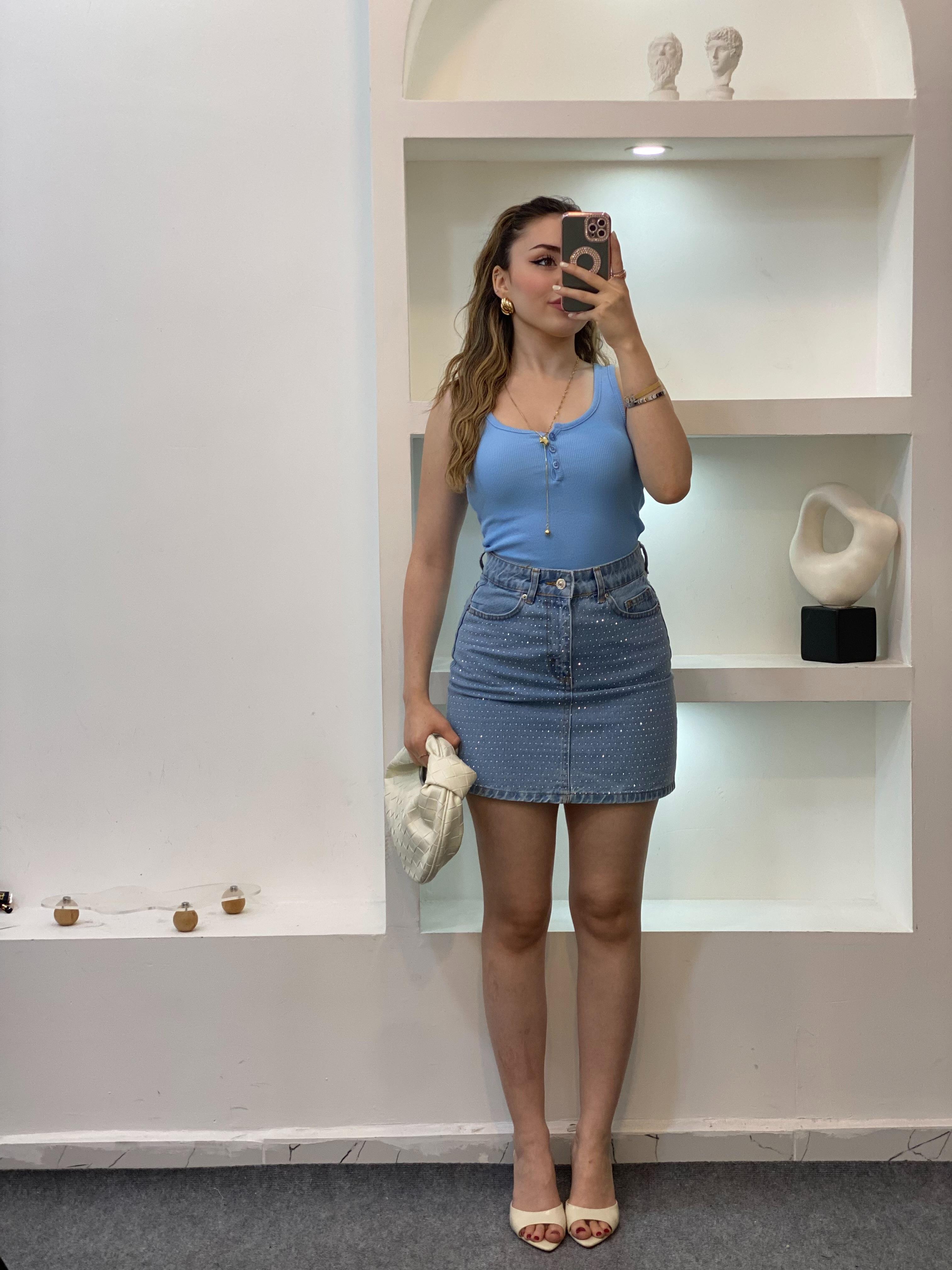 Mavi Taşlı Model Denim Etek