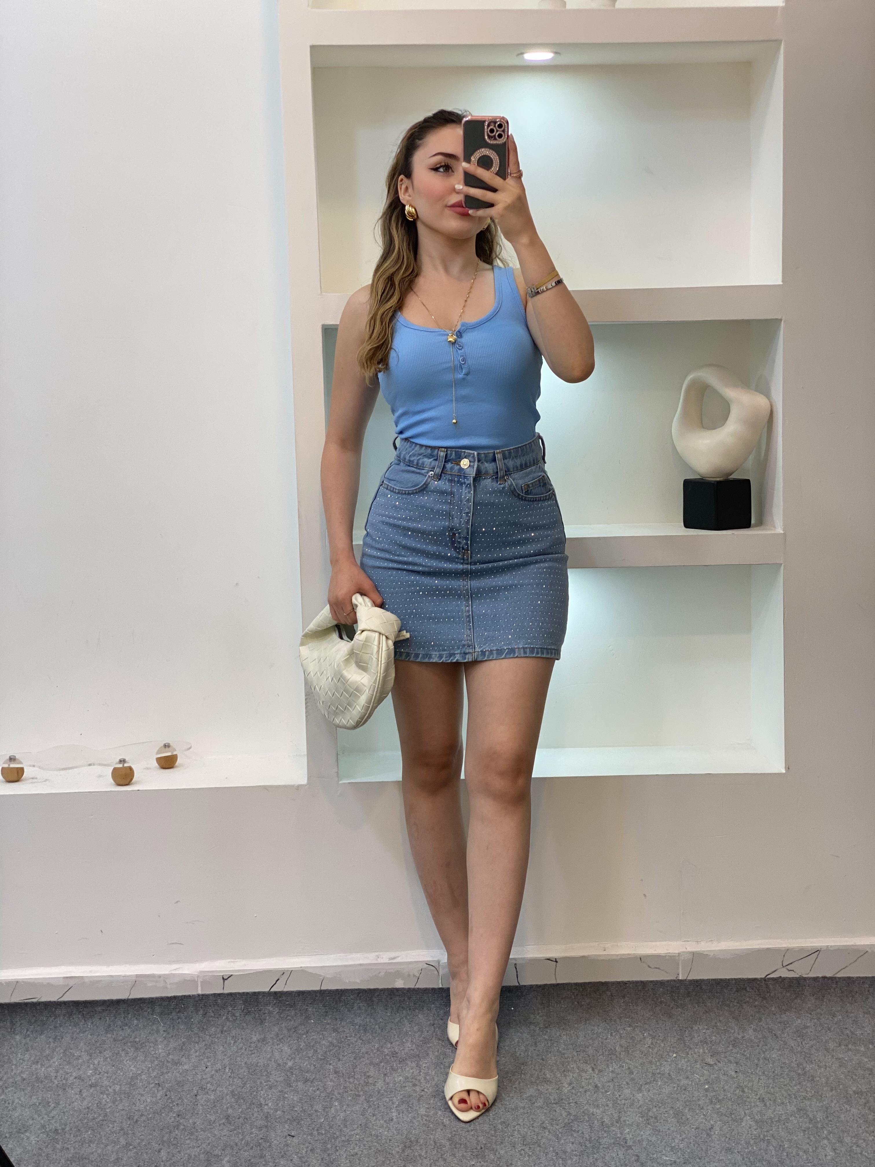 Mavi Taşlı Model Denim Etek