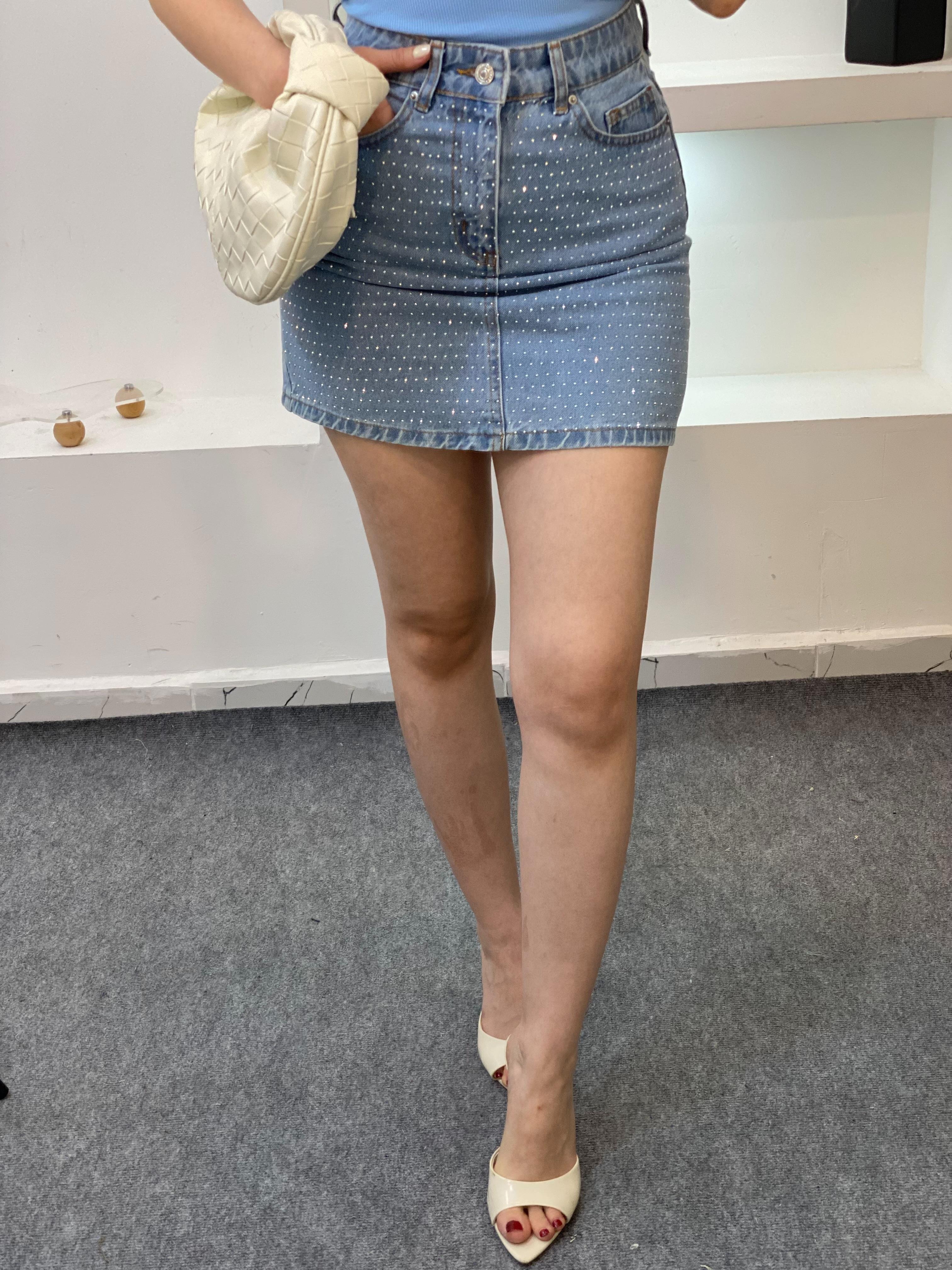 Mavi Taşlı Model Denim Etek