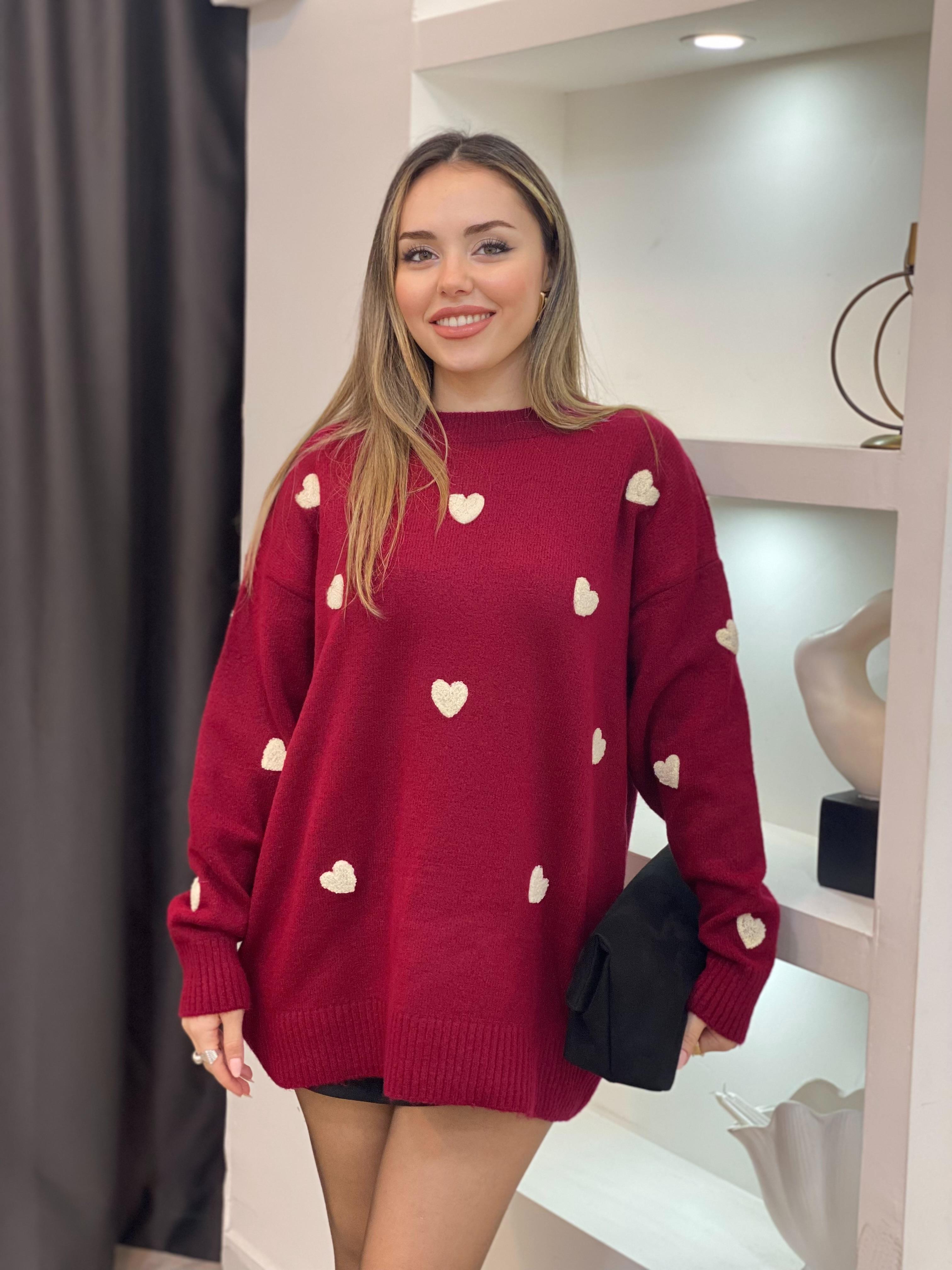 Nisan Marka Bordo Beyaz Kalp Detaylı Kazak