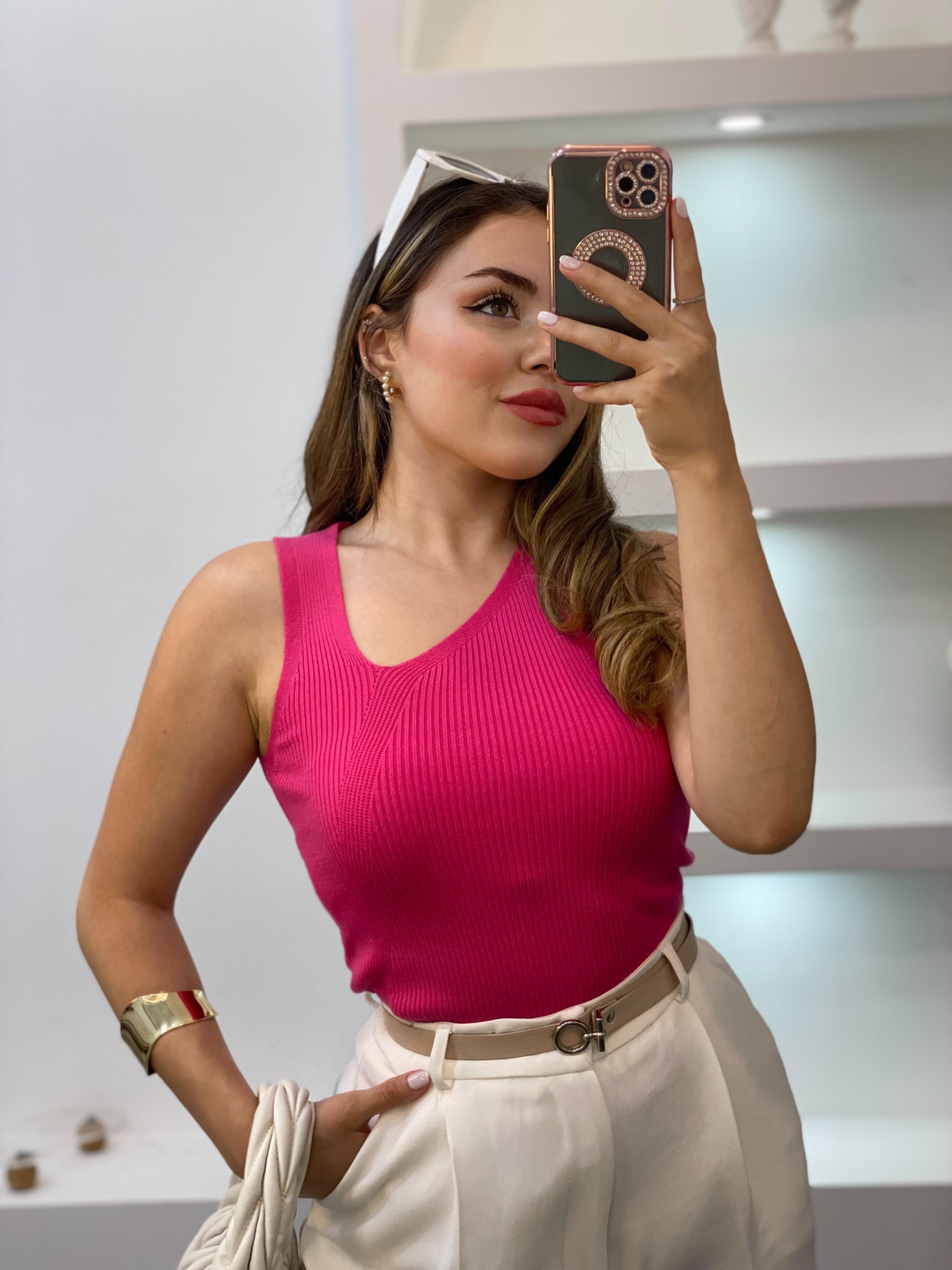 Pembe Asimetrik Yaka Triko Bluz