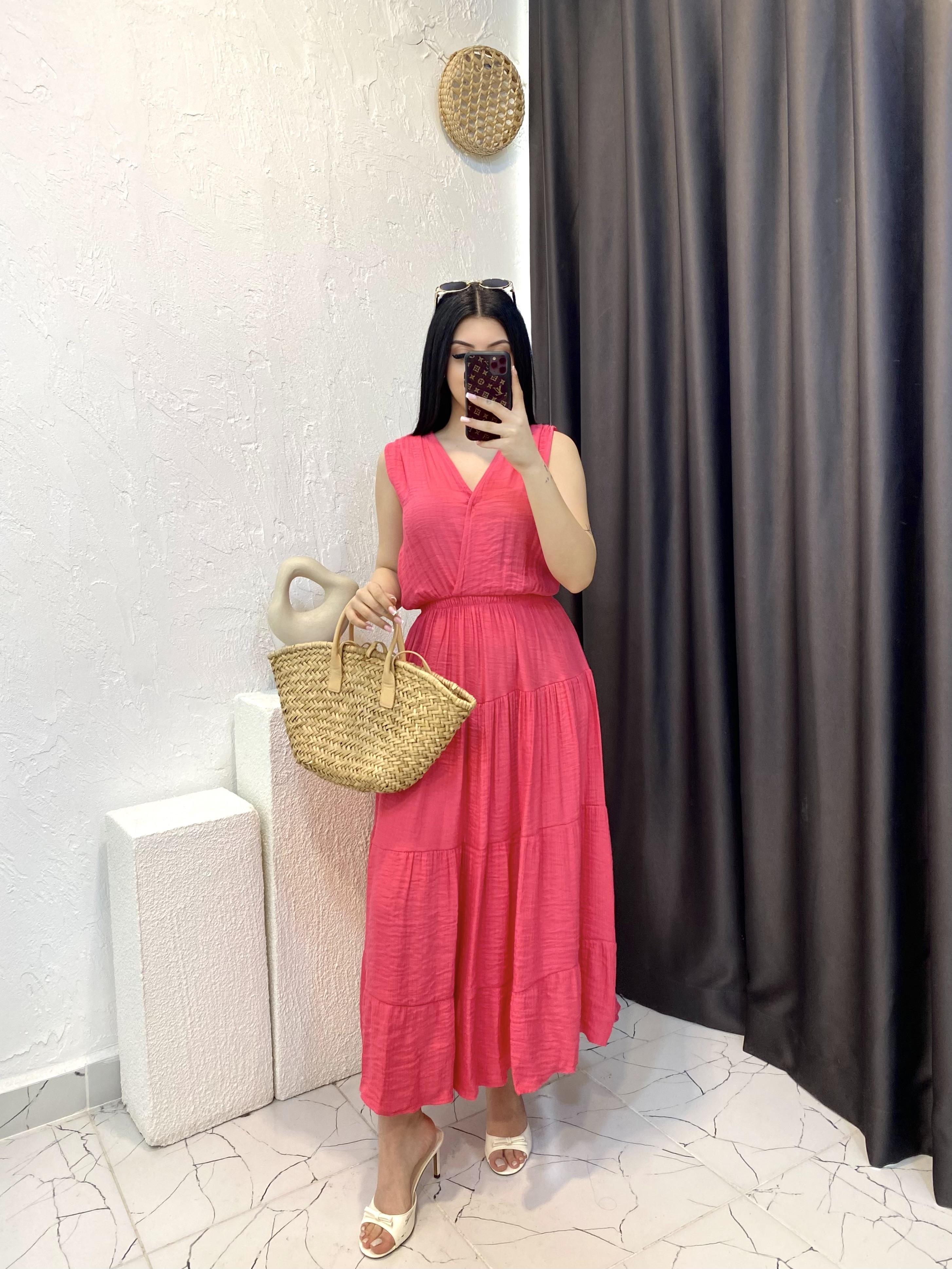 Pembe Beli Lastikli Keten Elbise