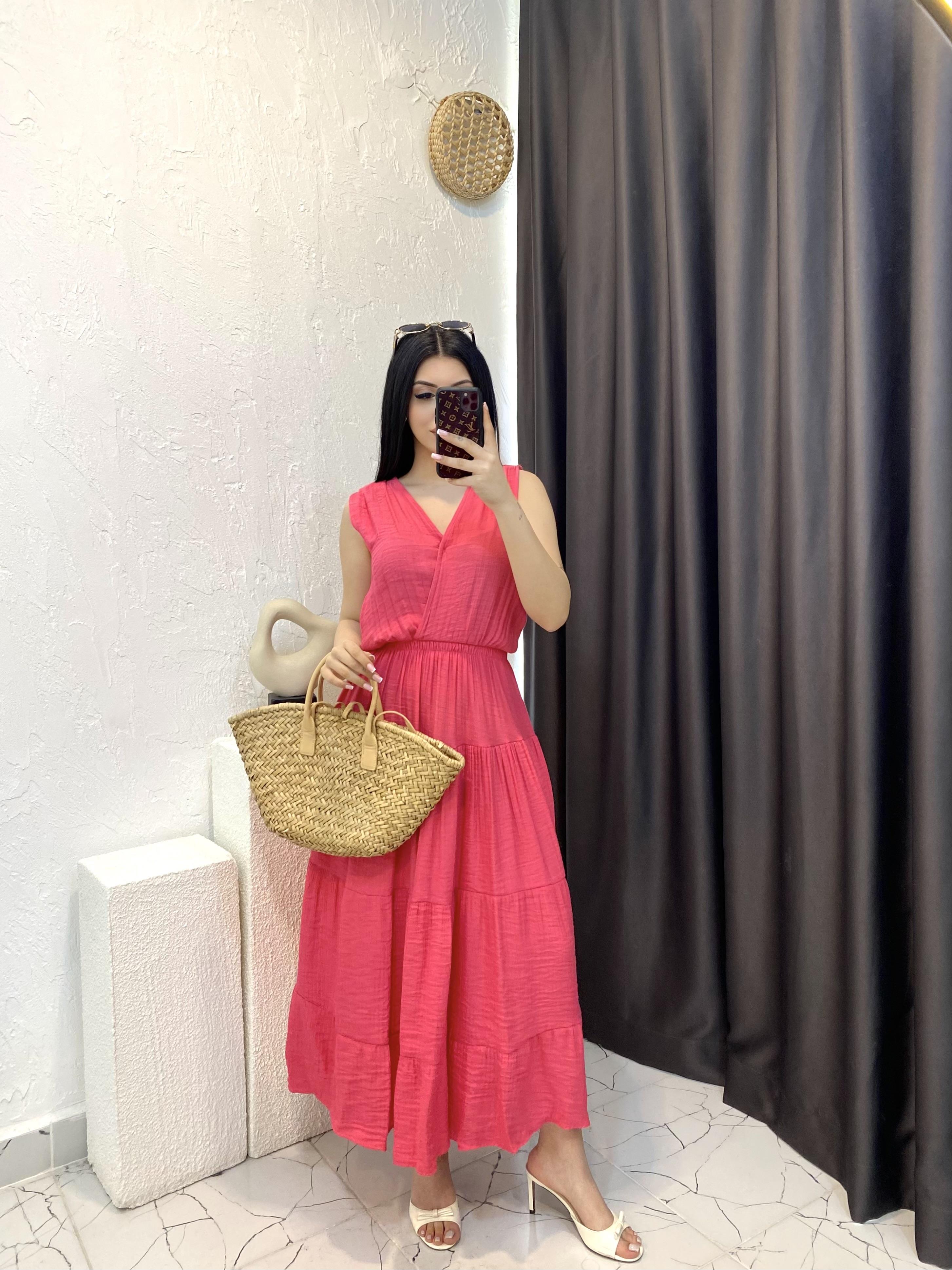 Pembe Beli Lastikli Keten Elbise