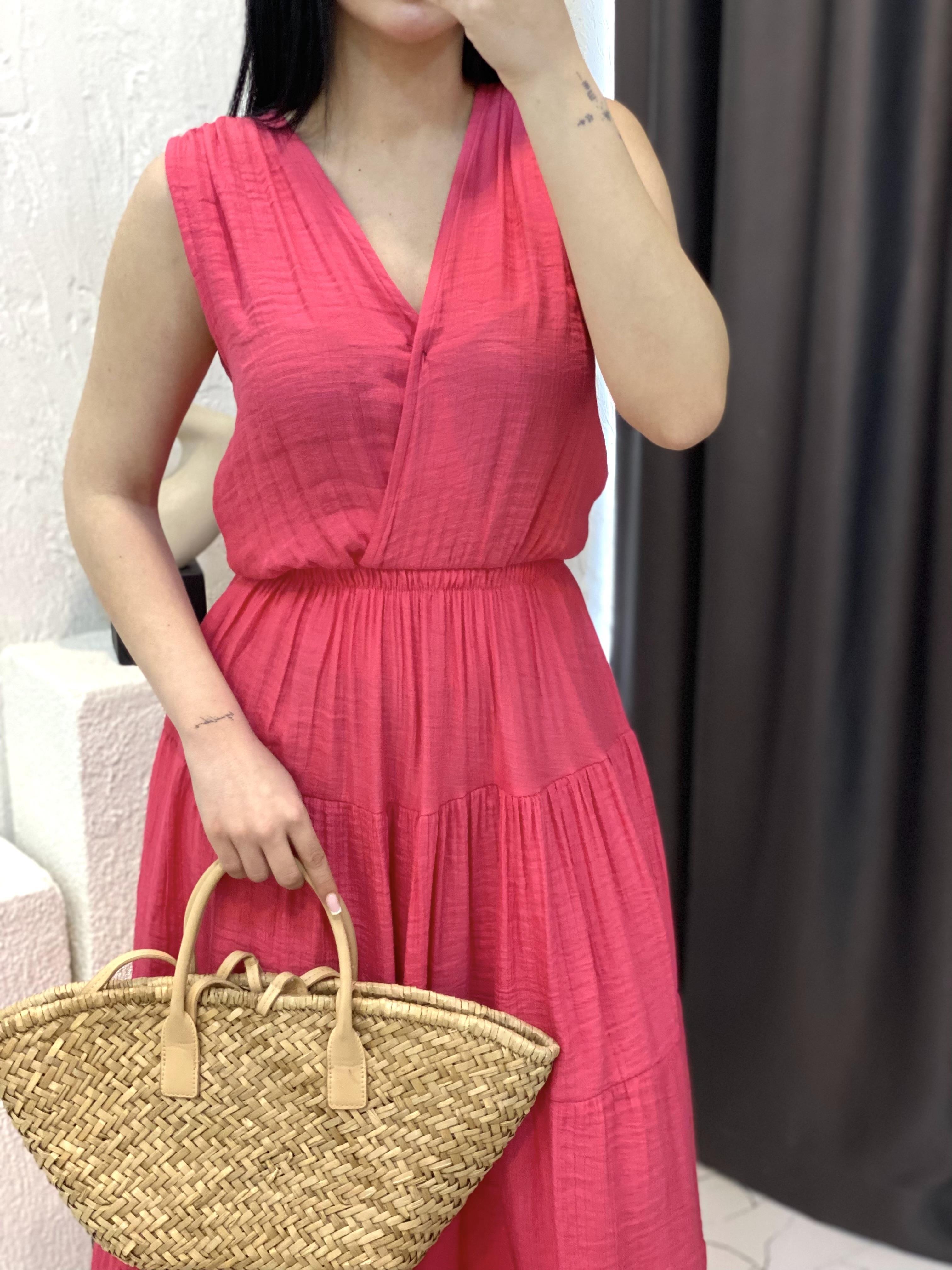 Pembe Beli Lastikli Keten Elbise