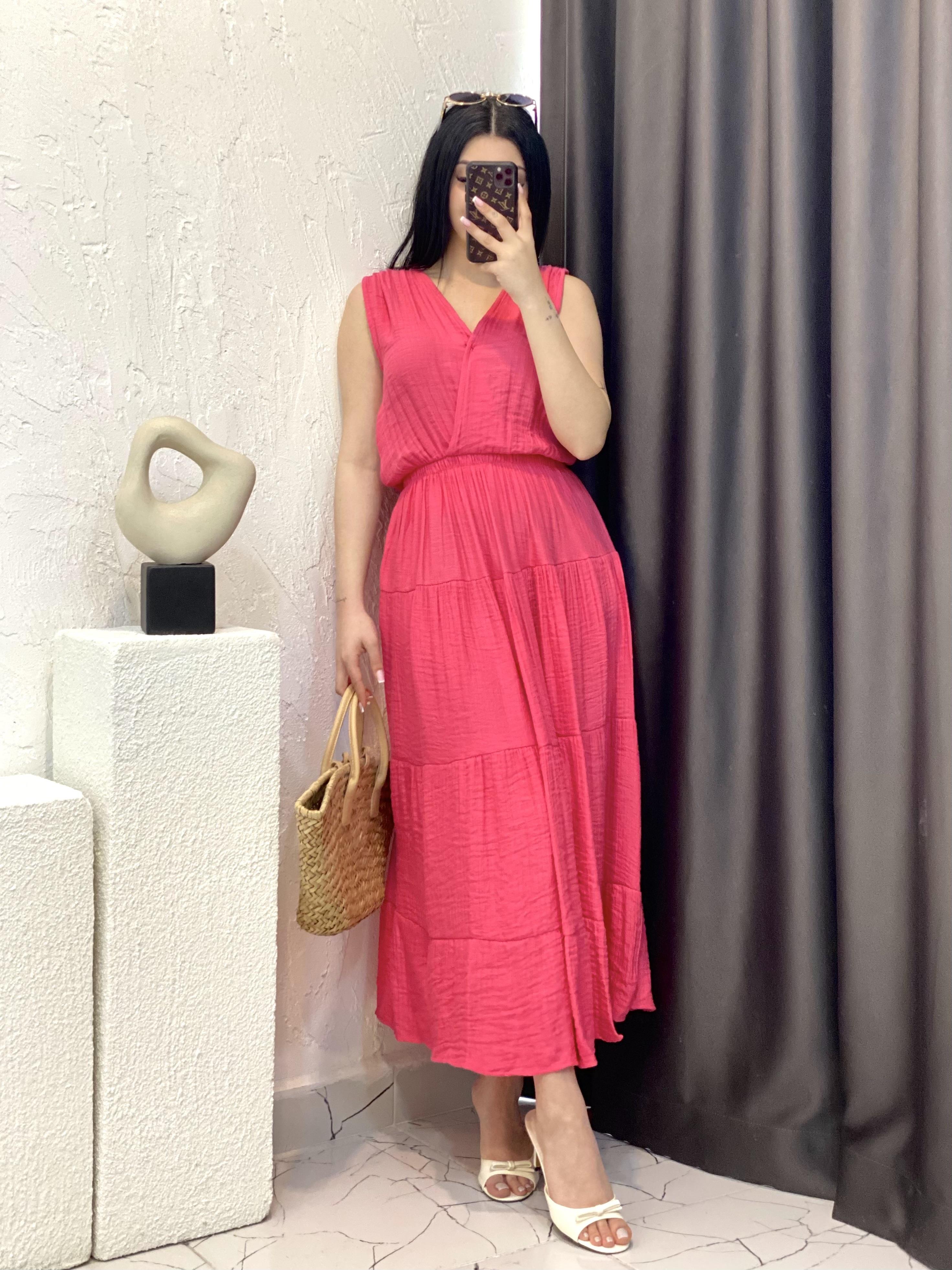 Pembe Beli Lastikli Keten Elbise