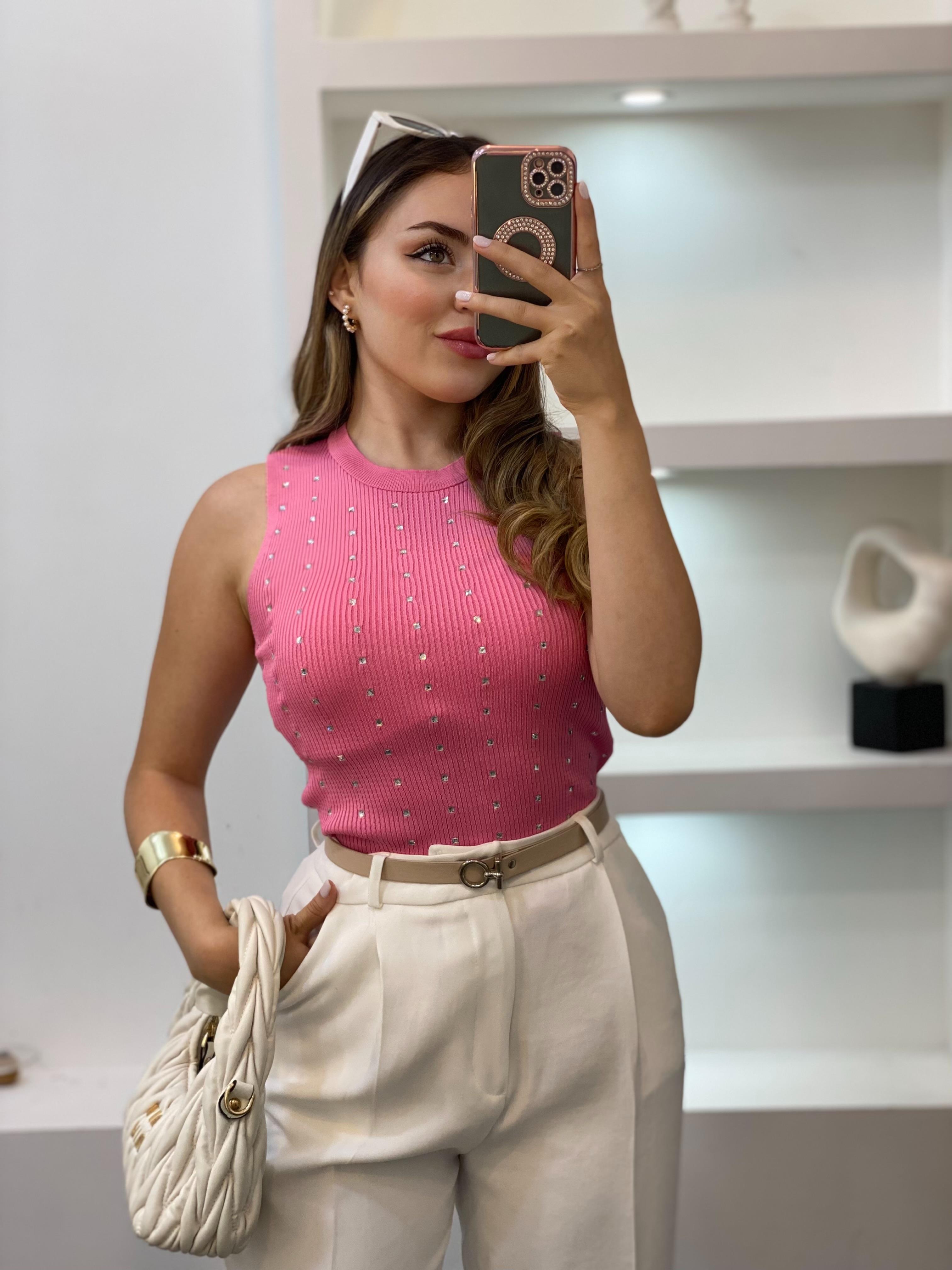 Pembe Damla Taşlı Triko Bluz