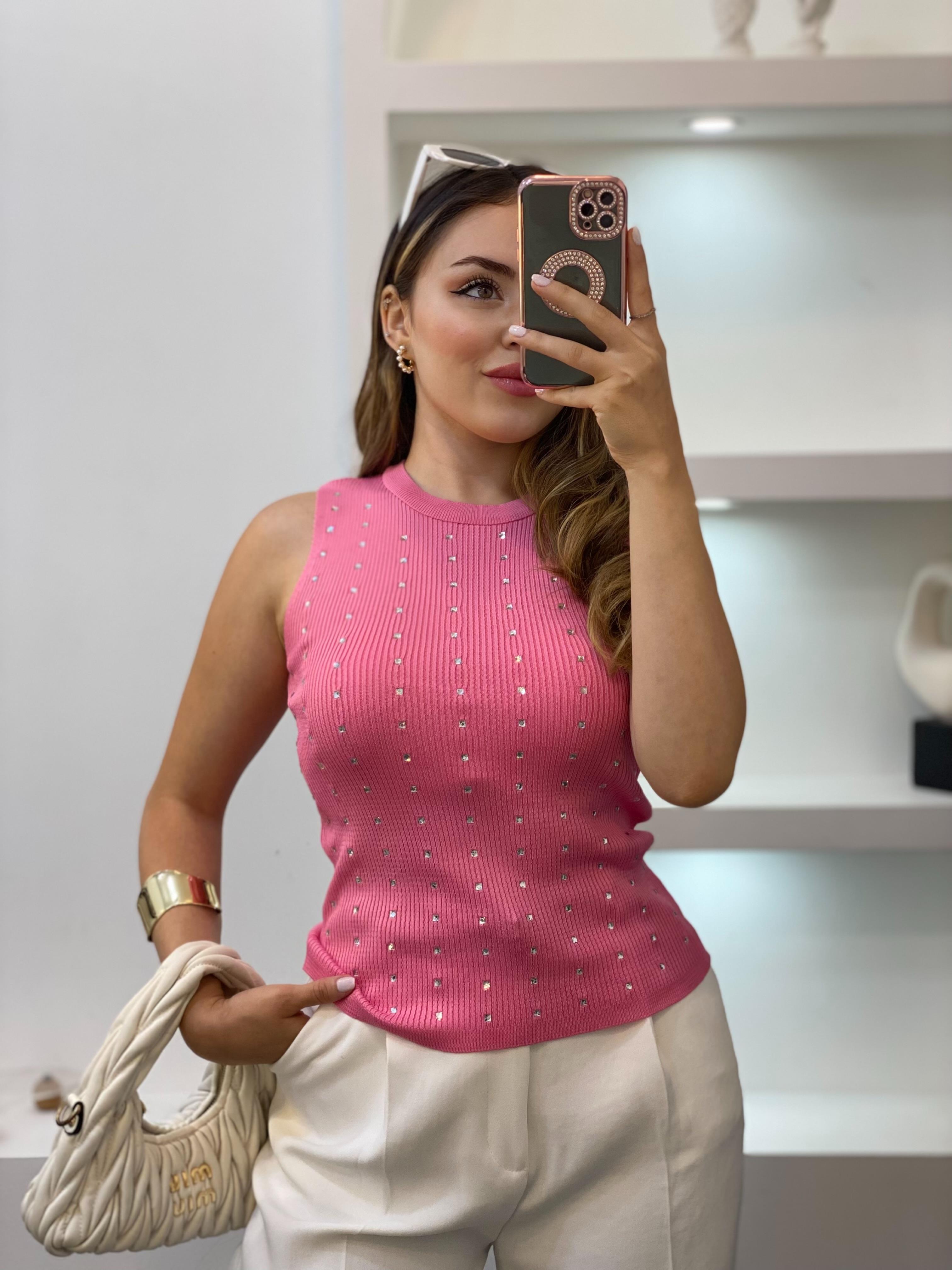 Pembe Damla Taşlı Triko Bluz