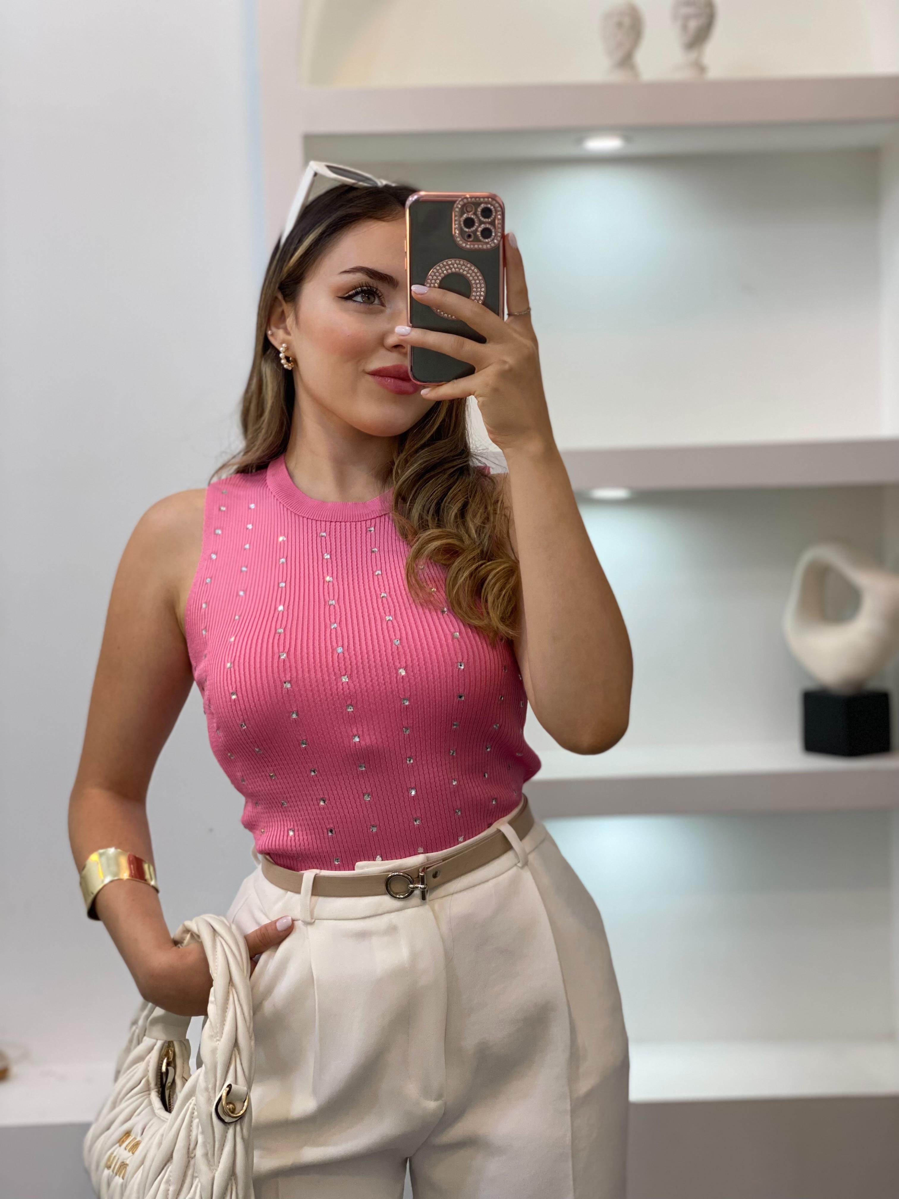 Pembe Damla Taşlı Triko Bluz