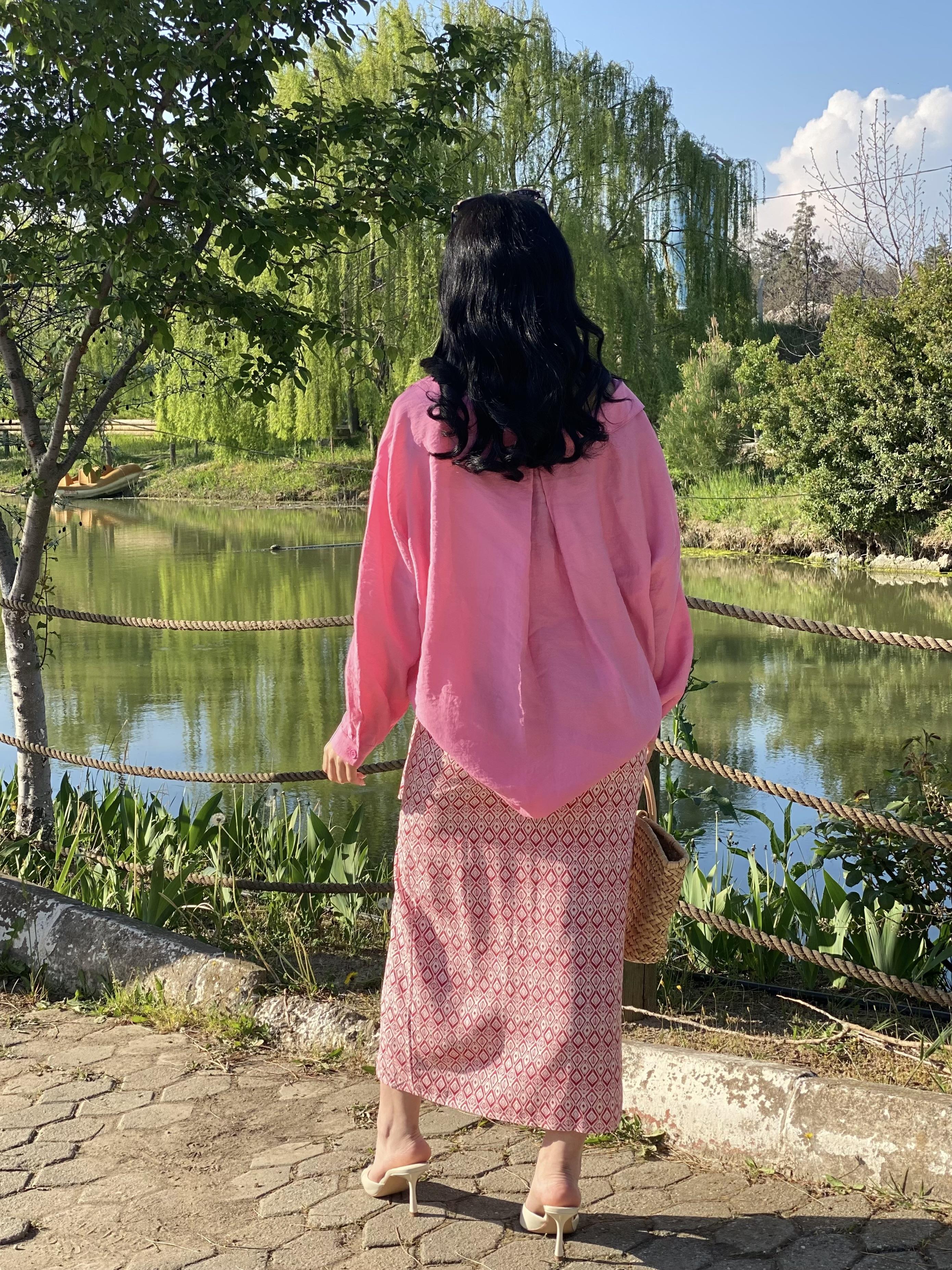 Pembe Desenli Baglamalı Model Keten Etek