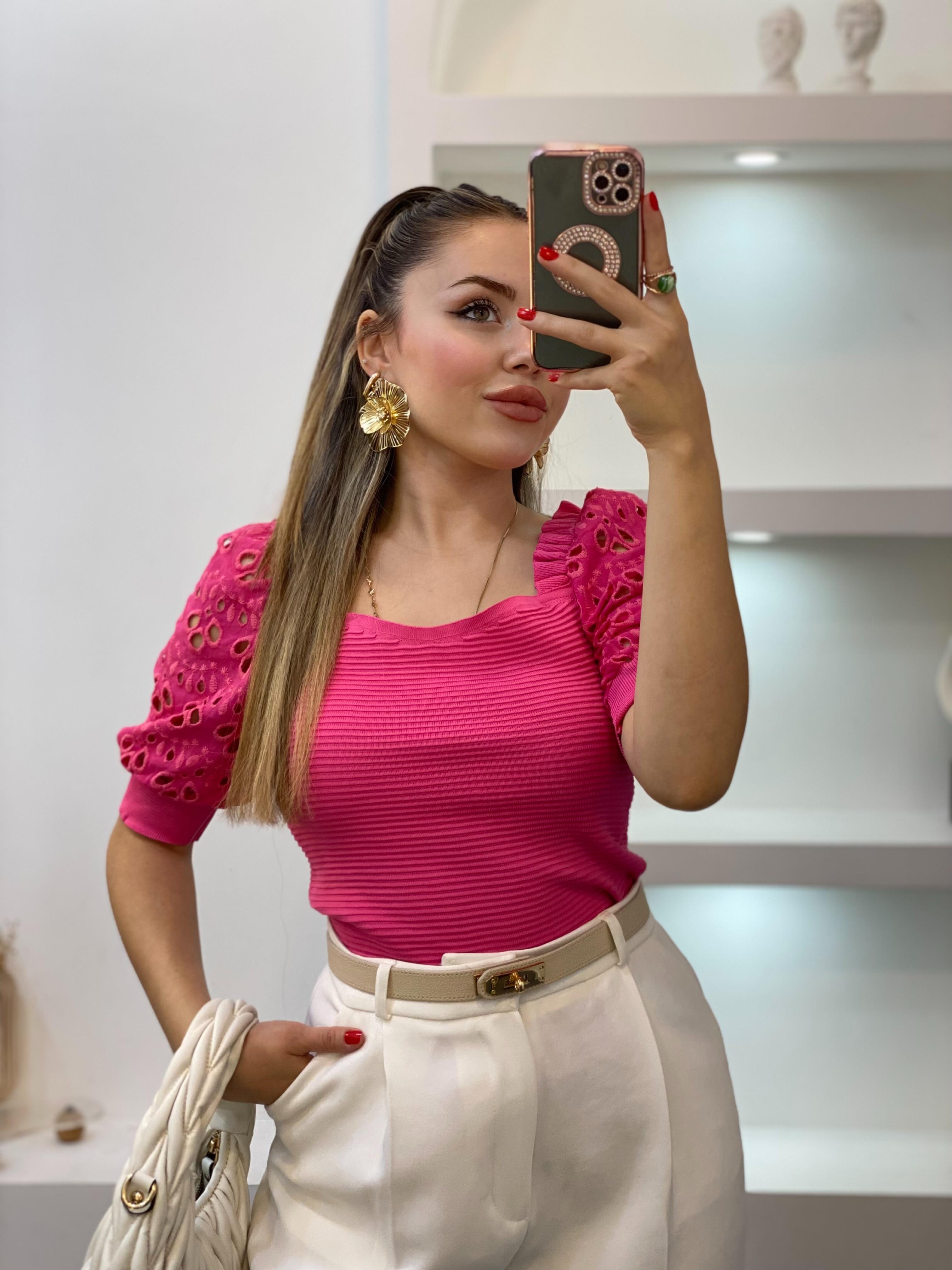 Pembe Fisto Kollu Triko Bluz