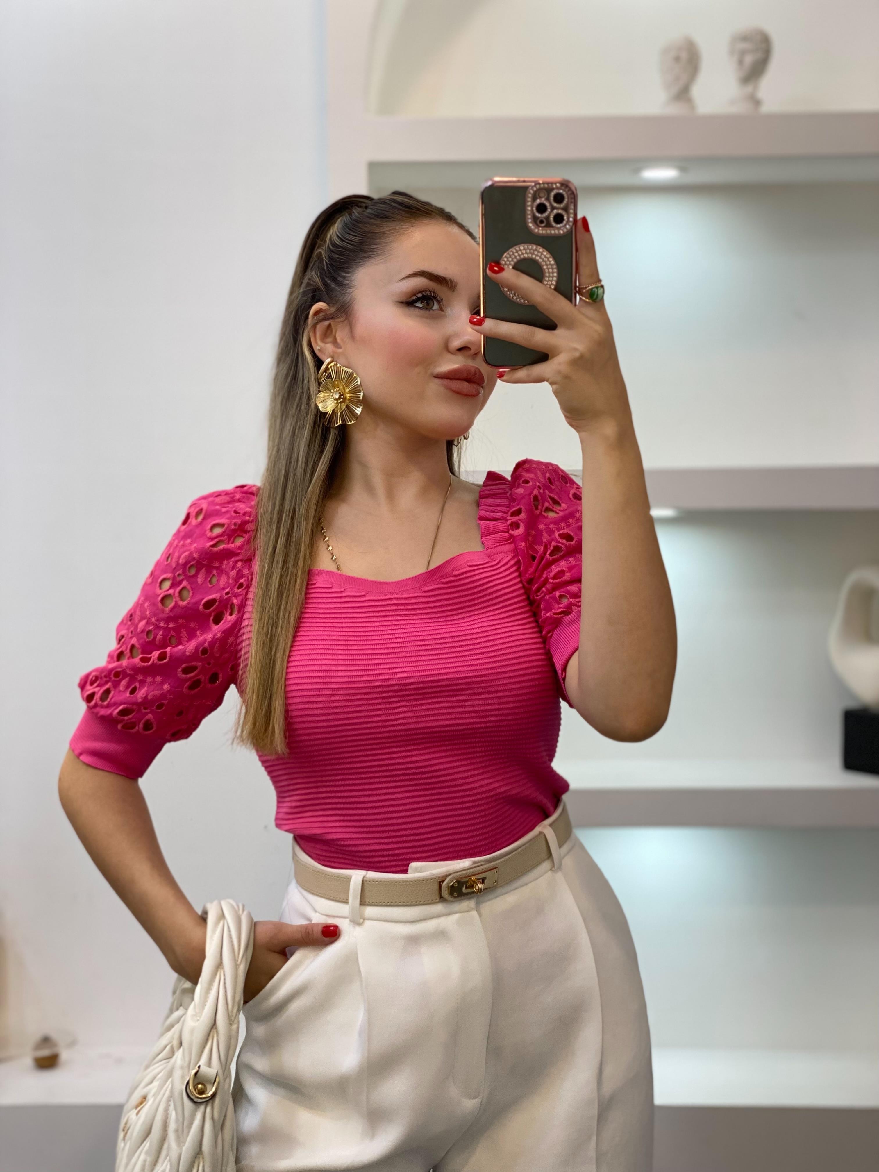 Pembe Fisto Kollu Triko Bluz