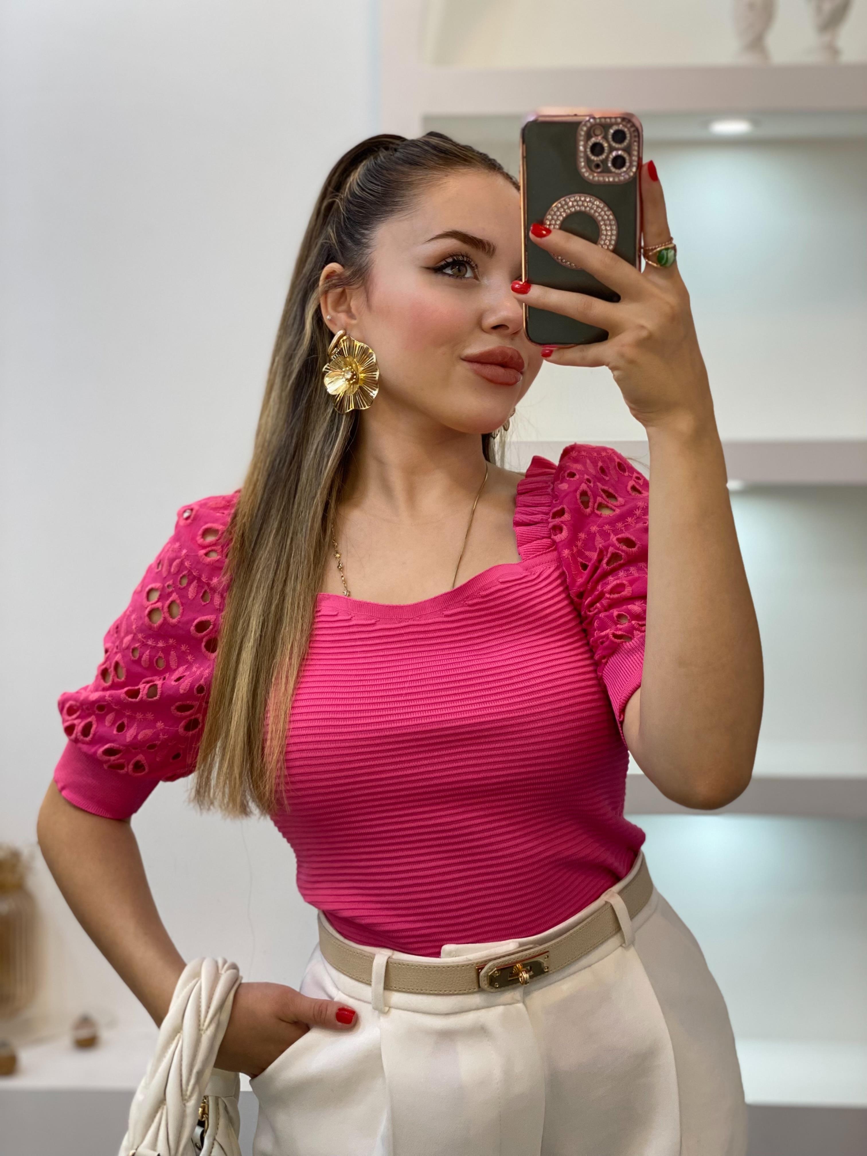 Pembe Fisto Kollu Triko Bluz