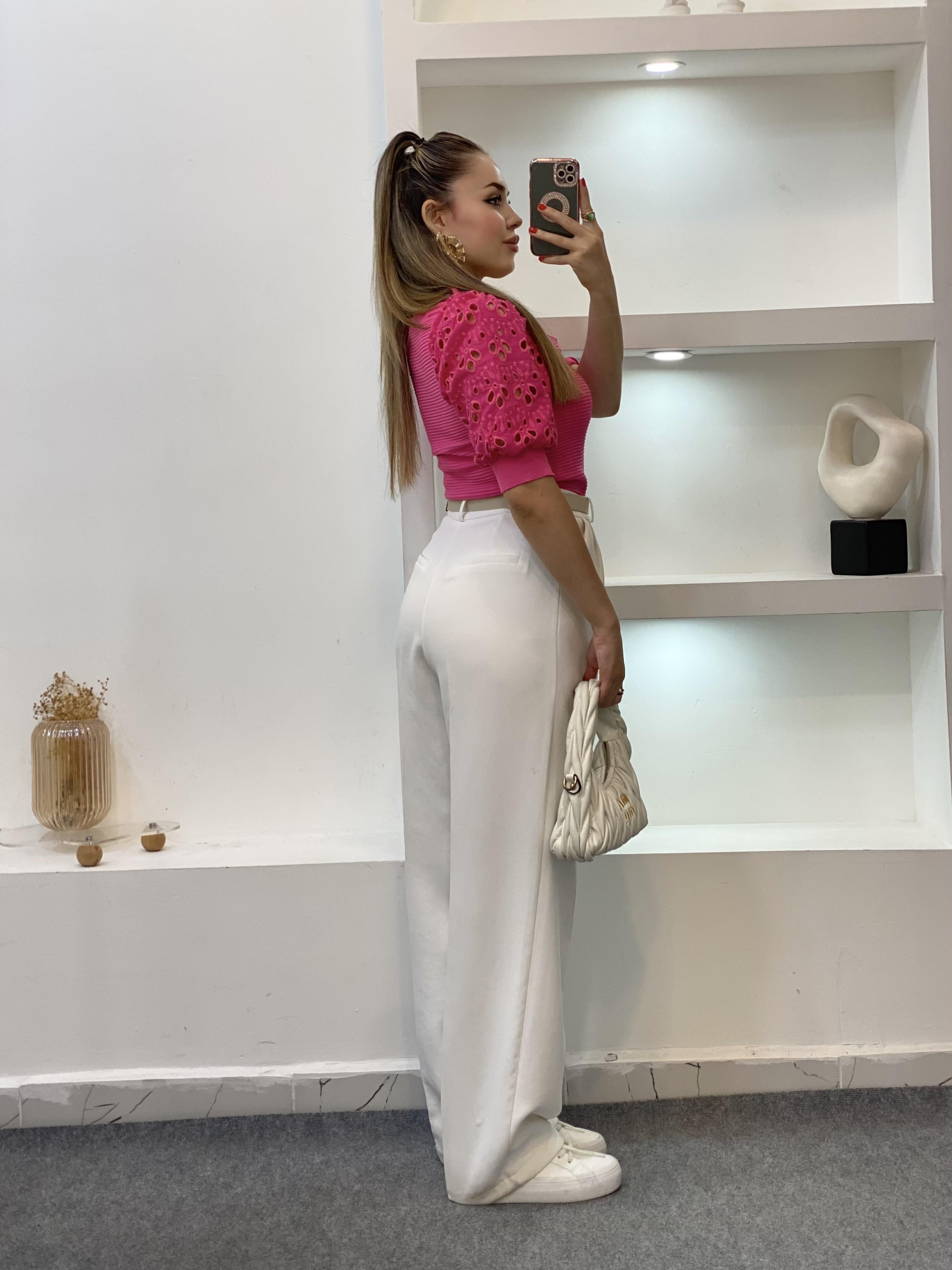 Pembe Fisto Kollu Triko Bluz
