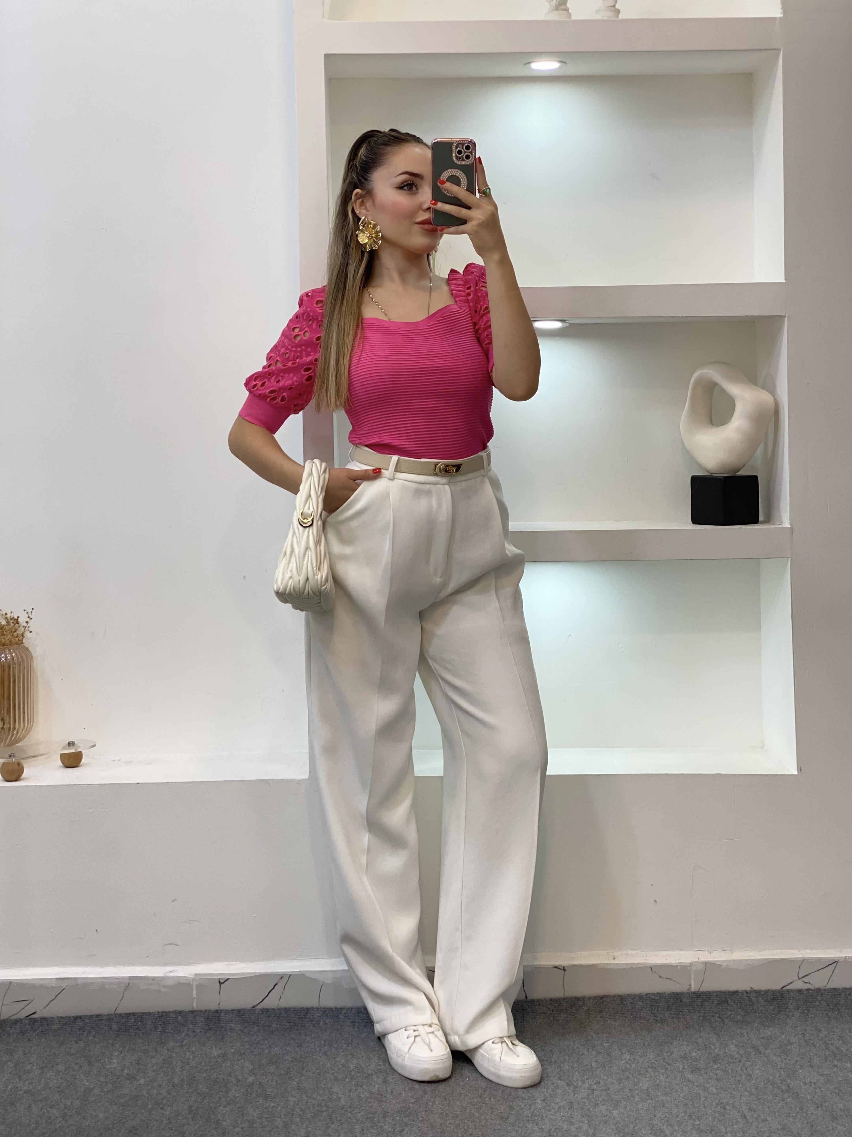 Pembe Fisto Kollu Triko Bluz