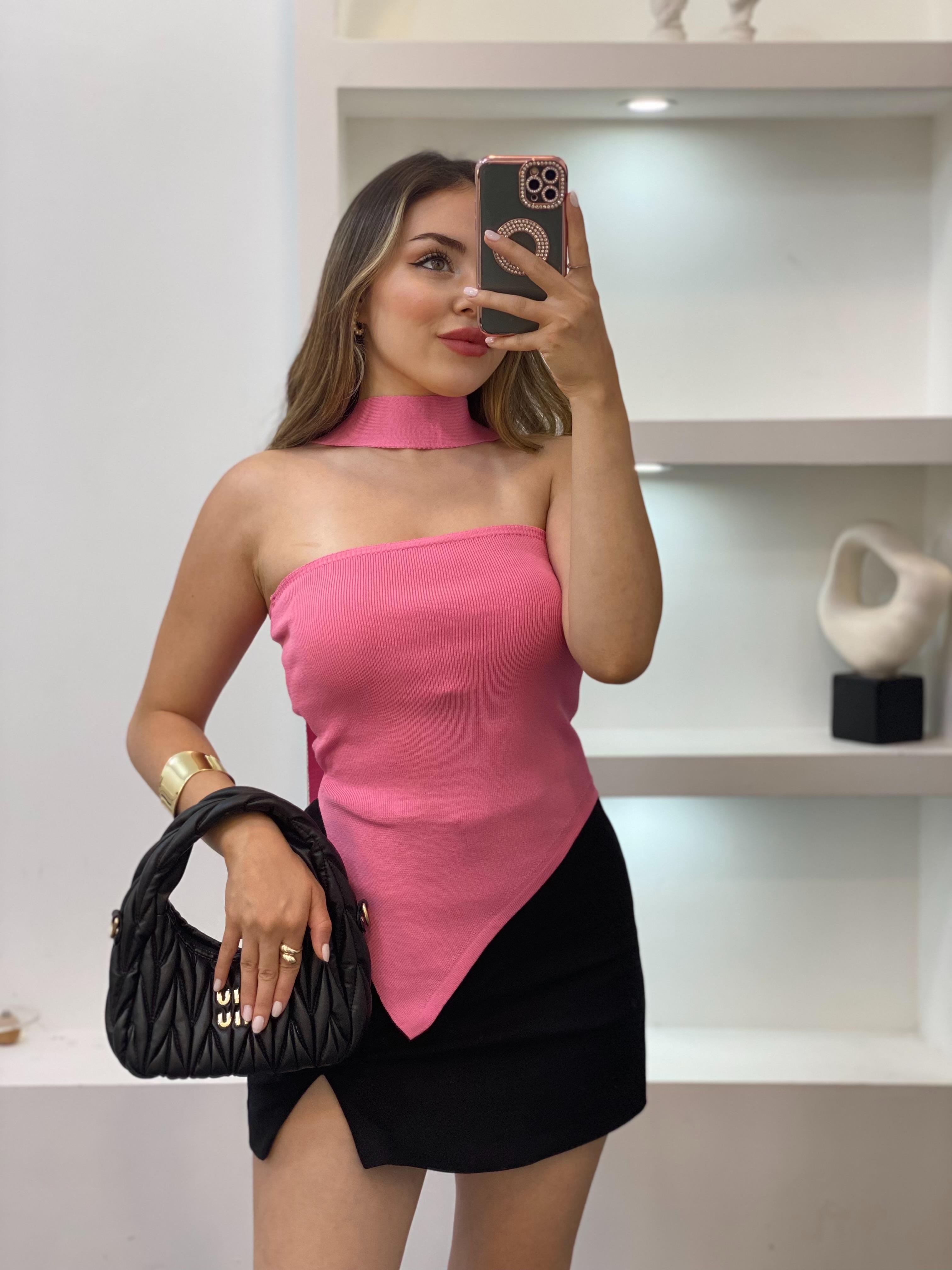 Pembe Fularlı Triko Bluz