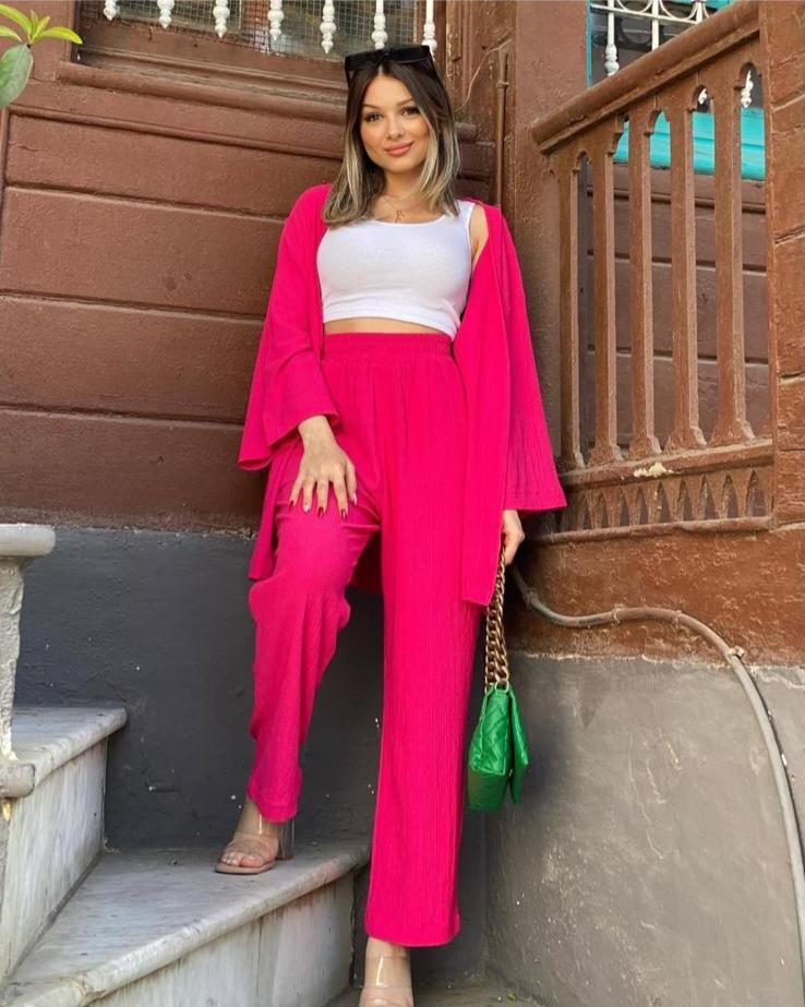 Pembe Kimonolu Gofre  Kumaş Takım 